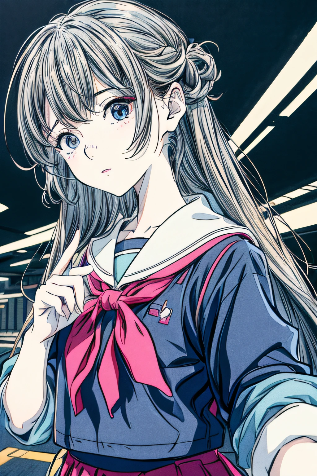 Solo_girl_hi-school girl、japanese hight school uniform,actionpose、cheerfully、Overflowing、ink art、((top-quality、8K、masterpiece:1.3))、(Clear focus:1.2)、(comic book style),(Pop),(linear art_Anime)、(PastelColors:1.2),((monotone_High Contrast Art:1.2))、flat chest、(the complex background:1.2),(Lola:add more details:1.2)、sharp outline、sharp lineart、Urban background、