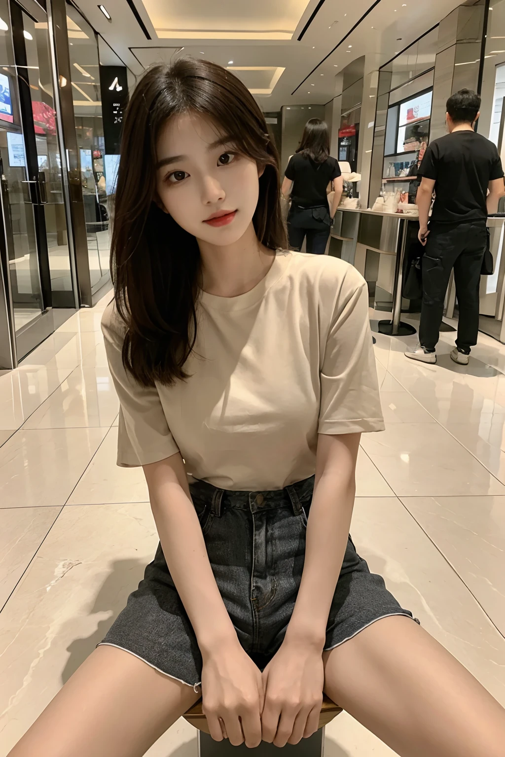 4K refined facial features，Korean girl standing in the mall，Shorts，shorter pants，Sit in different places，Spread your legs