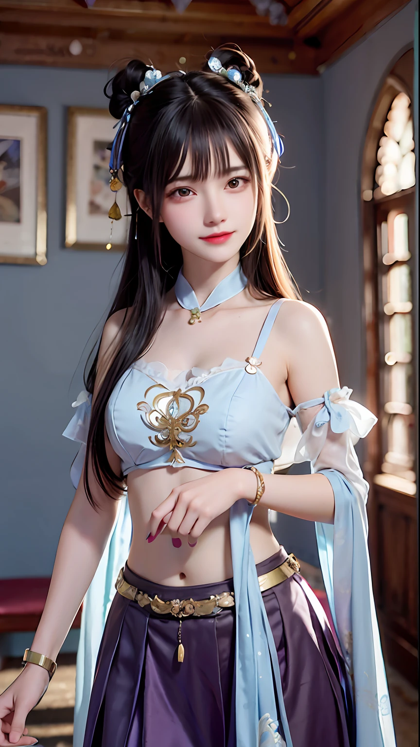 Bust photo, a beautiful woman, messy hair, girly, symmetrical bun, hair accessories, jewelry, delicate face, eye shadow, purple top, purple, purple, crop navel, purple long skirt, Dunhuang style, delicate embroidery, silver decoration, silver streamer, white streamer, light blue streamer, delicate skin, soft light effect, delicate and smooth hair, delicate details, eye highlights, fair skin, fine portrayal, extreme details, cinematic quality, thin, slender, broken, hair details, thin bangs, shawl hair, right body, shadow, air bangs, 8K, super fine, fine fabric texture, soft, smooth, smooth texture, Dunhuang style, delicate pattern, correct hand painting, anatomy correct, accurate, night, dark night, lighting, Tyndall effect, ray tracing, HUD,