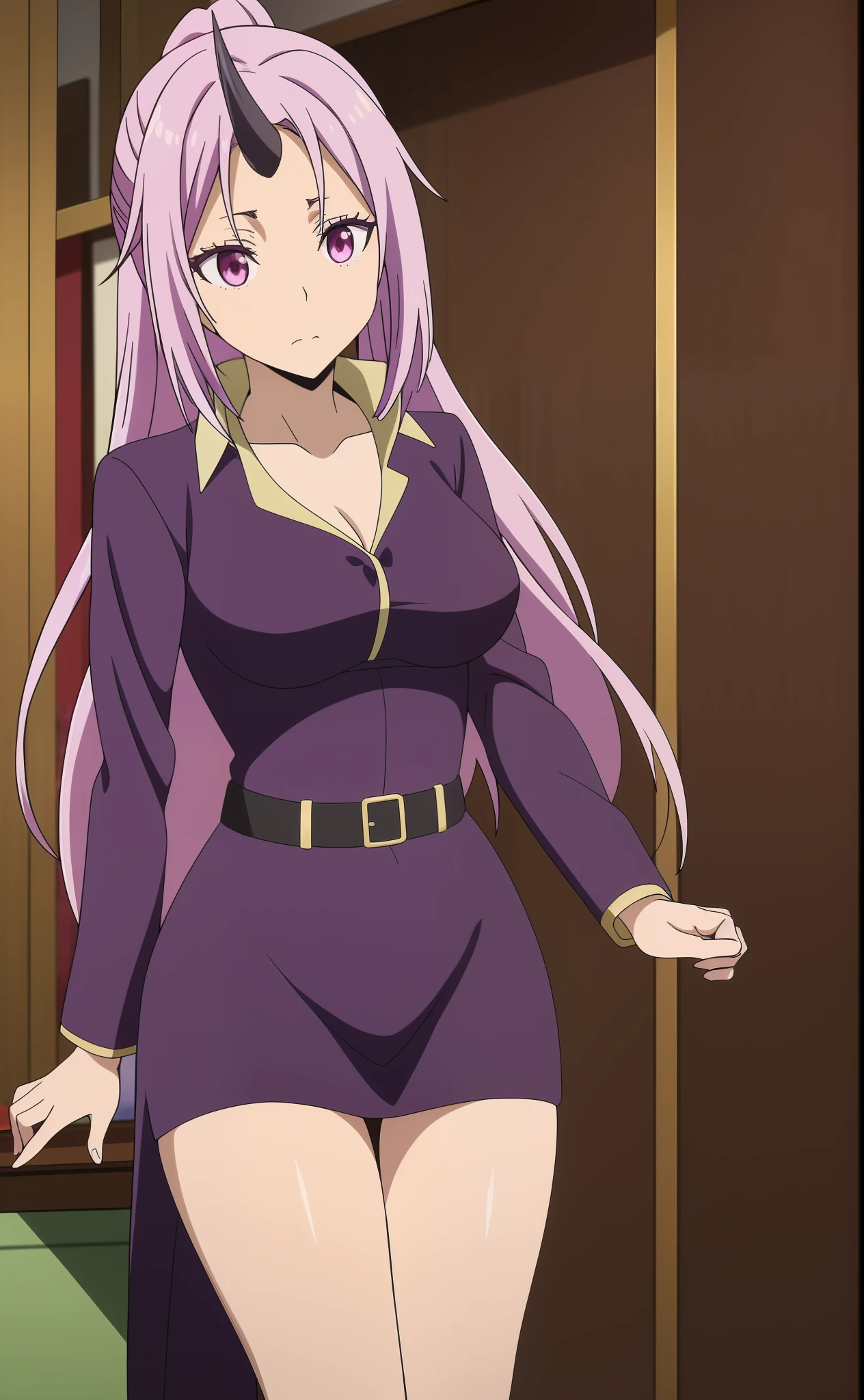 Shion .                                      (( best quality)), (( masterpiece)), (detailed), 1girl, bangs, cholding, long hair, outdors, purple hair, dark pink eye, singple horn, , solo, very long hair, emotionless, chinese clothes transparent cheongsam, (( show ))