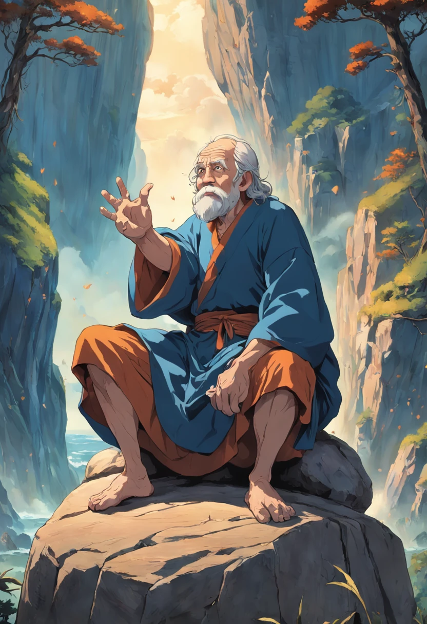 Man sitting on a rock with his hands in the air, historical artistic depiction, um velho musculoso , usando tanga, Retrato de esconder a dor Harold, epic biblical representation, Scientific representation, abiogenesis, Wise old man, Esconda a dor Haroldo, old man, Ancient Biblical, tanga, playful peasant man, um velho