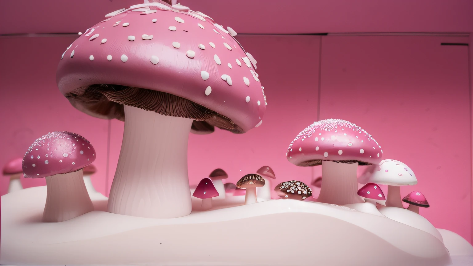 mushrooms pink . Maquete. mushrooms cor de pink. Neve branca. Pink cardboard box back.