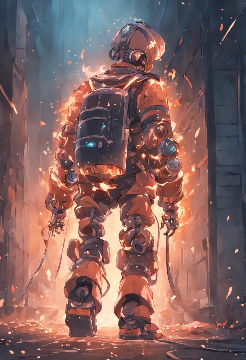 A robot made of copper tubes wearing a backpack of gas cylinders with a welding torch in hand