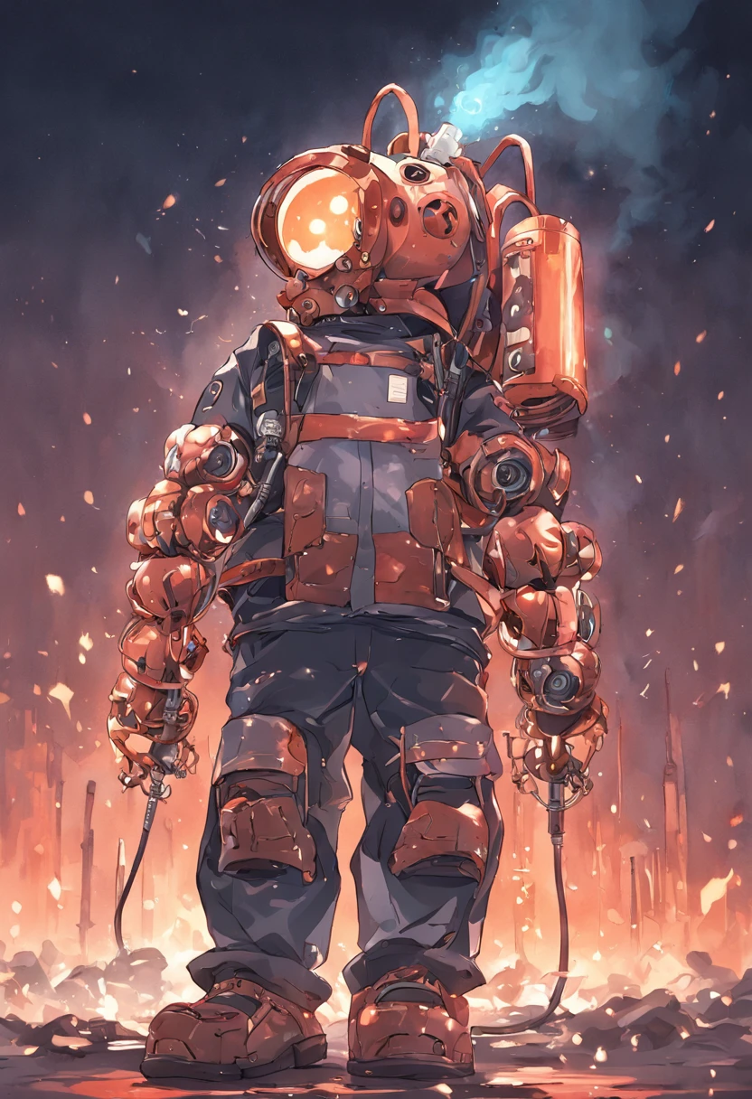 A robot made of copper tubes wearing a backpack of gas cylinders with a welding torch in hand