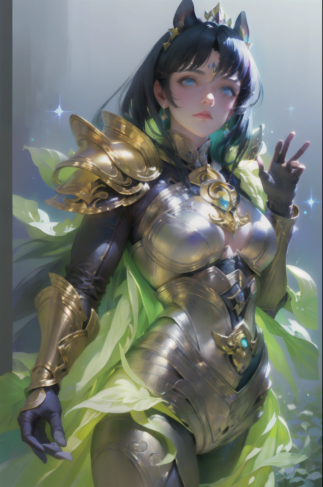 Ultra-high saturation，（tmasterpiece）， fully body photo，（best qualtiy）， （1girll）， starryskybackground，Wearing shiny gold armor， Sexy lingerie type armor，Expose your chest，Expose the waistline，Exposing thighs，cool-pose， Saint Seiya Armor， messy  hair，high detal, Anime style, Cinematic lighting, Sparkle, god light, Ray traching, filmgrain, hyper HD, textureskin, super detailing, Anatomical correct, A high resolution，Ultra-high saturation，hight contrast，High-gloss armor，Smooth skin，Serious expressions,Dark room,