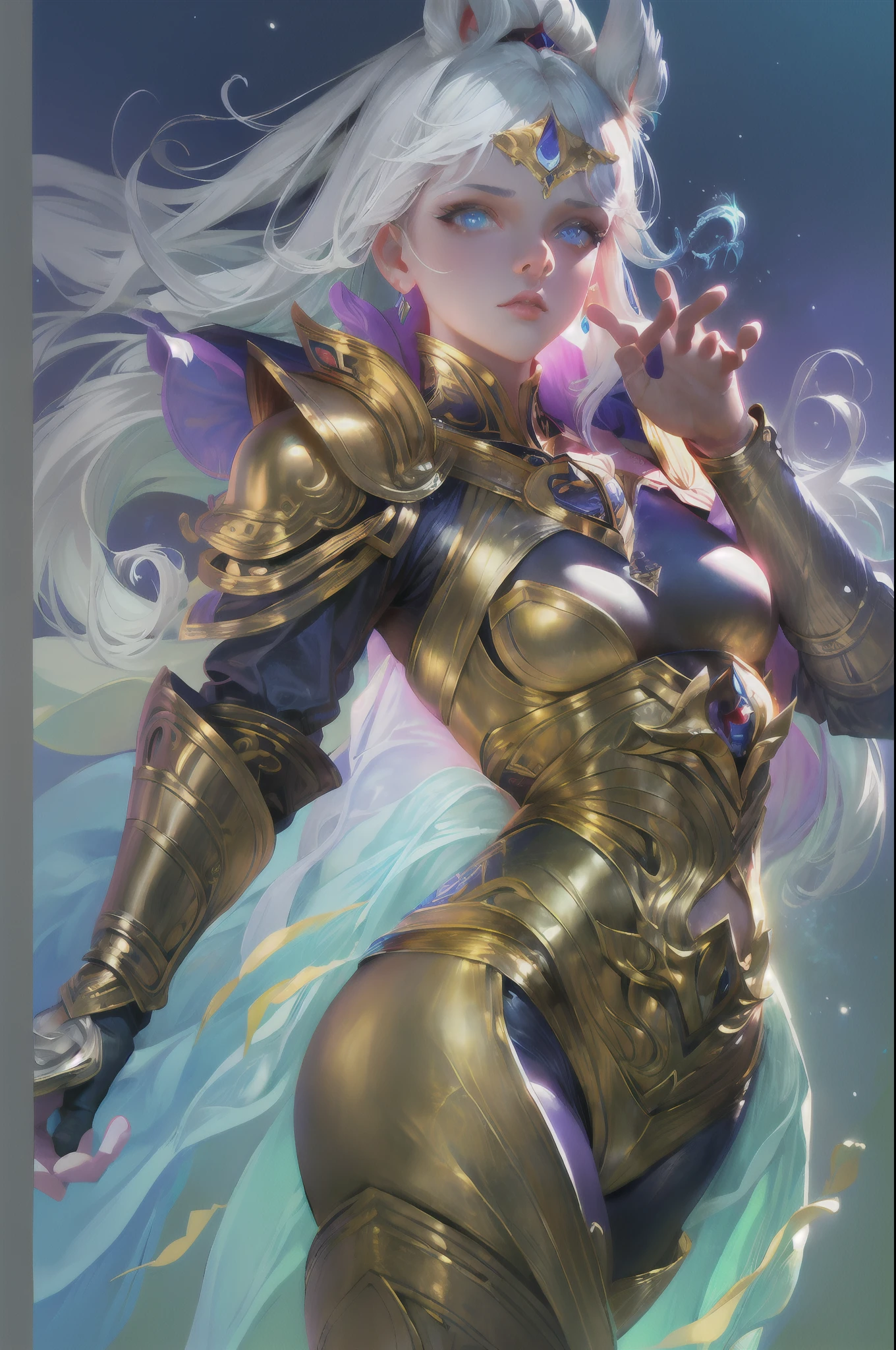 Ultra-high saturation，（tmasterpiece）， fully body photo，（best qualtiy）， （1girll）， starryskybackground，Wearing shiny gold armor， Sexy lingerie type armor，Expose your chest，Expose the waistline，Exposing thighs，cool-pose， Saint Seiya Armor， messy  hair，high detal, Anime style, Cinematic lighting, Sparkle, god light, Ray traching, filmgrain, hyper HD, textureskin, super detailing, Anatomical correct, A high resolution，Ultra-high saturation，hight contrast，High-gloss armor，Smooth skin，Serious expressions,Dark room,