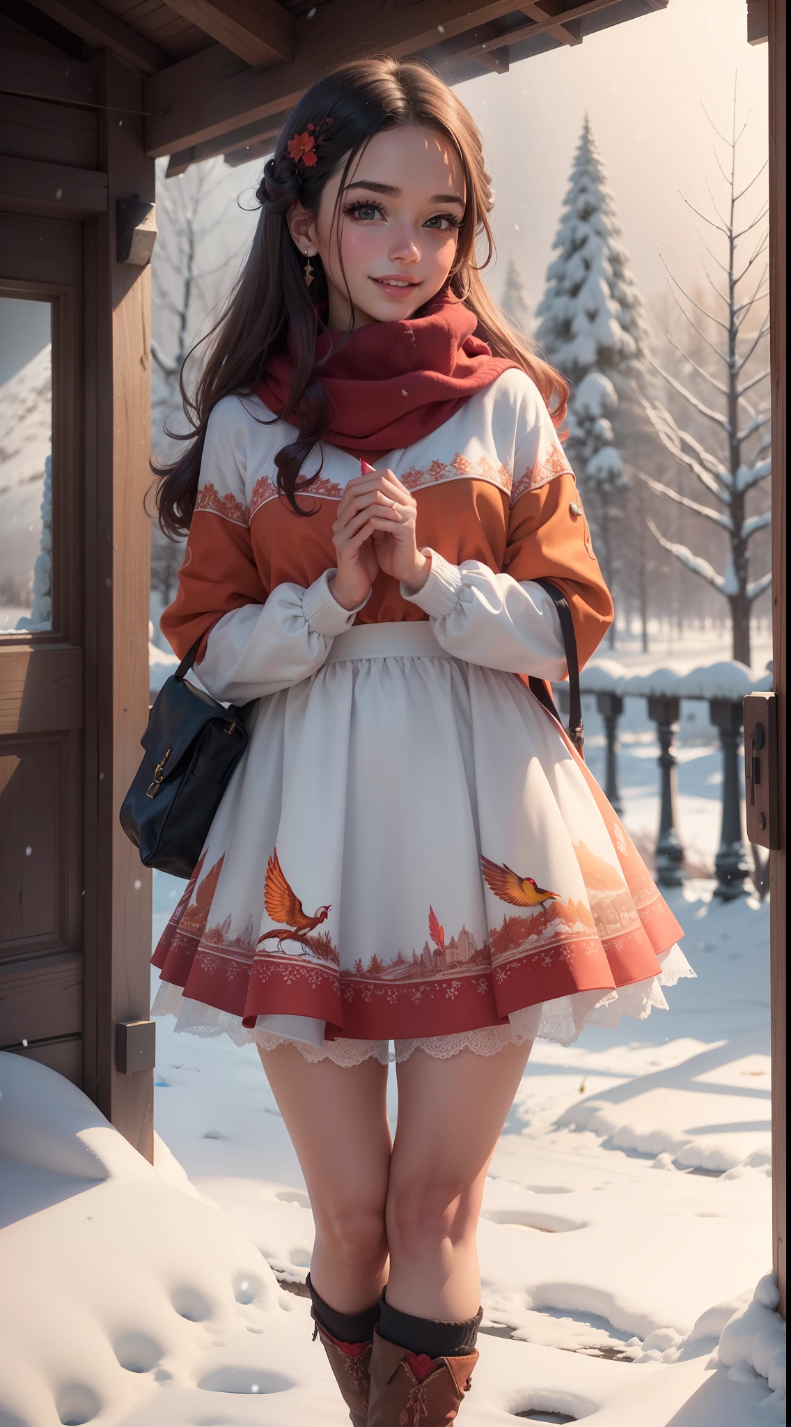 (obra de arte), (atmospheric view) Beautiful young woman in a snowy place, leve sorriso, qualidade superior, hiper detalhado, (1girl), ((roupas pretas e vermelhas)), premiere, award winning, (bird:0.9),(casaco:1.2),(bicho:0.8),(vivid colors),(Luvas:1.1),(luvas sem dedos:1.1),(sozinho:0.9),