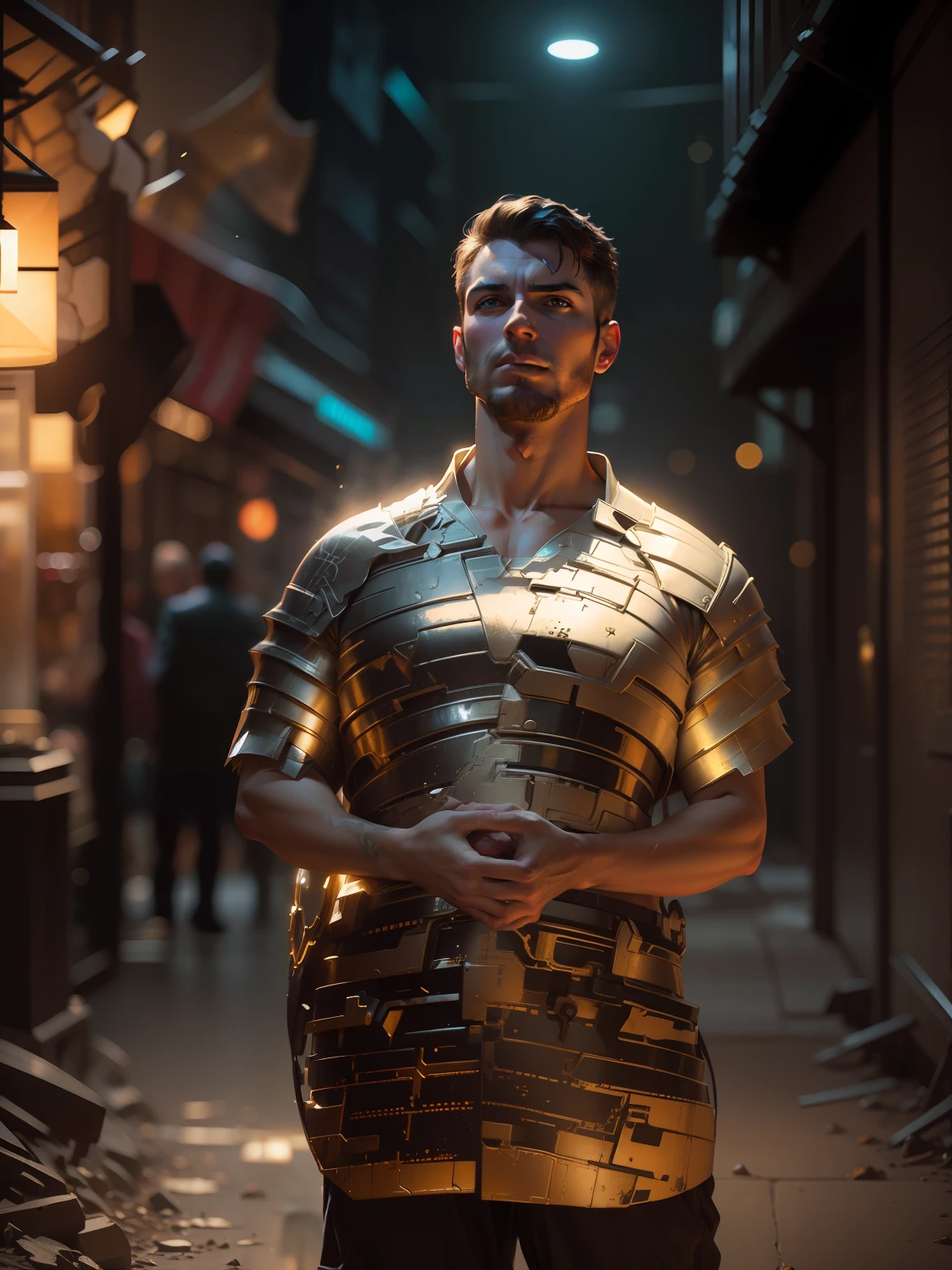 full body shot of captain america in white and gold armour style suit, no mask on, white cape, looking at center camera, perfect composition, beautiful detailed intricate insanely detailed octane render trending on artstation, 8 k artistic photography, photorealistic concept art, soft natural volumetric cinematic perfect light, chiaroscuro, award - winning photograph, masterpiece, oil on canvas, raphael, caravaggio, greg rutkowski, beeple, beksinski, giger, trending on artstation, sharp focus, studio photo, intricate details, highly detailed, night city background, by greg rutkowski
