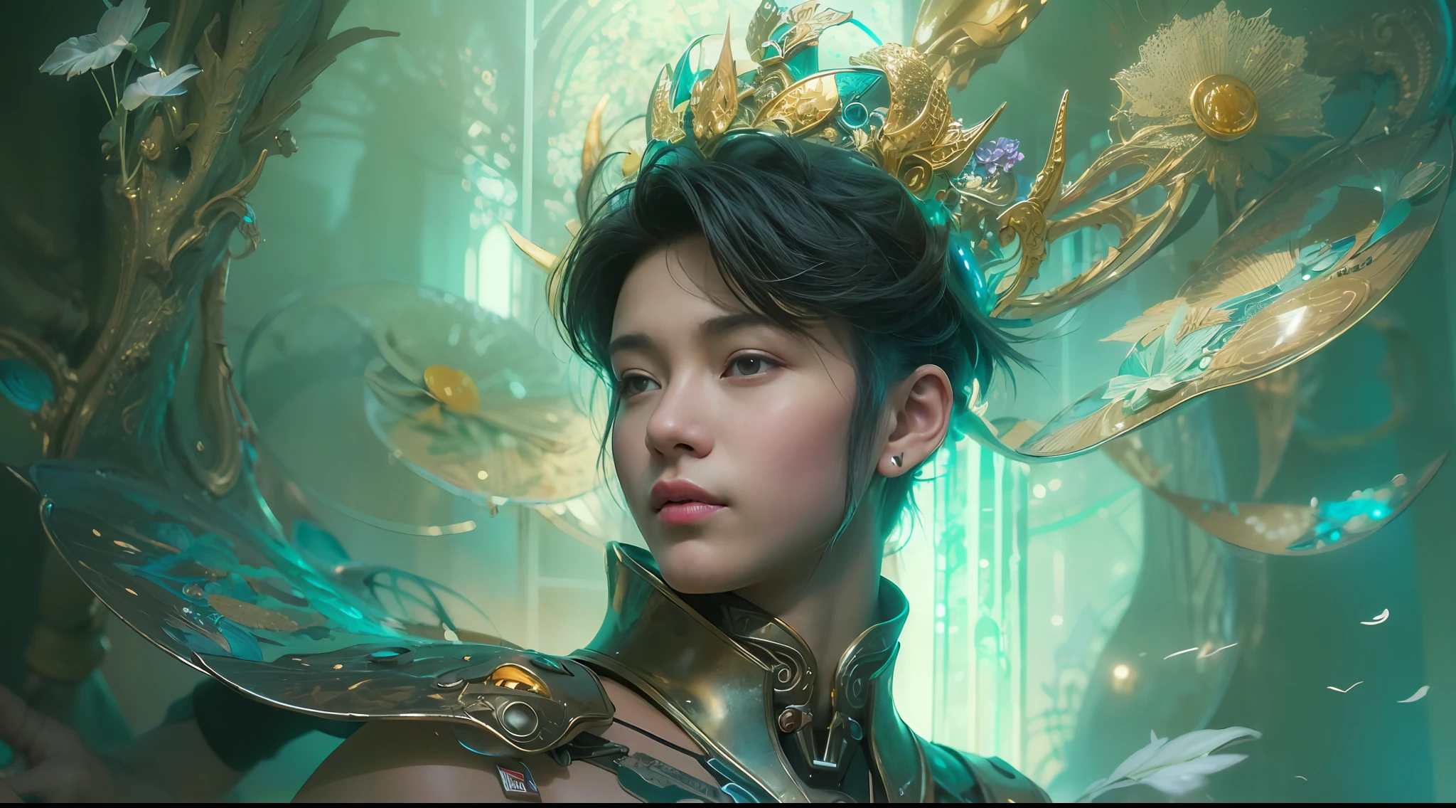 1boy, photo of very very handsome suave smiling young 25-year-old male Chinese prince, clothed in futuristic cybernetic armor, wearing a large futuristic crown, walking in an ethereal enchanted forest with neon glowing flowers and a rainbow in the sky, sci-fi, intricate, neon light, ((perfect face)), ((perfect hands)), ((perfect body)), ((correct anatomy)), ((ultra-realistic)), ((8k, UHD)), highly detailed, digital painting, artstation, concept art, human anatomy, soft light, smooth, illustration, art by tian zi and craig mullins and WLOP and alphonse mucha