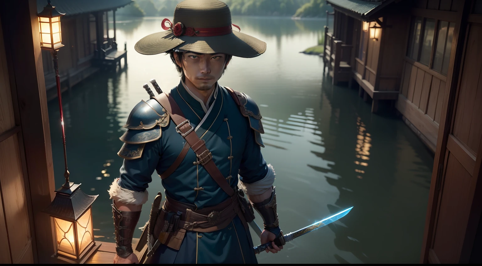 extremly high detail，复杂，8K，The scale is 16:9，hdr，the wallpaper，cinmatic lighting，（rivers and lakes），（Grip Sword 1.2），with light glowing，sneering，glowing light eyes，Costume drama hero customer service play，bucket-hat