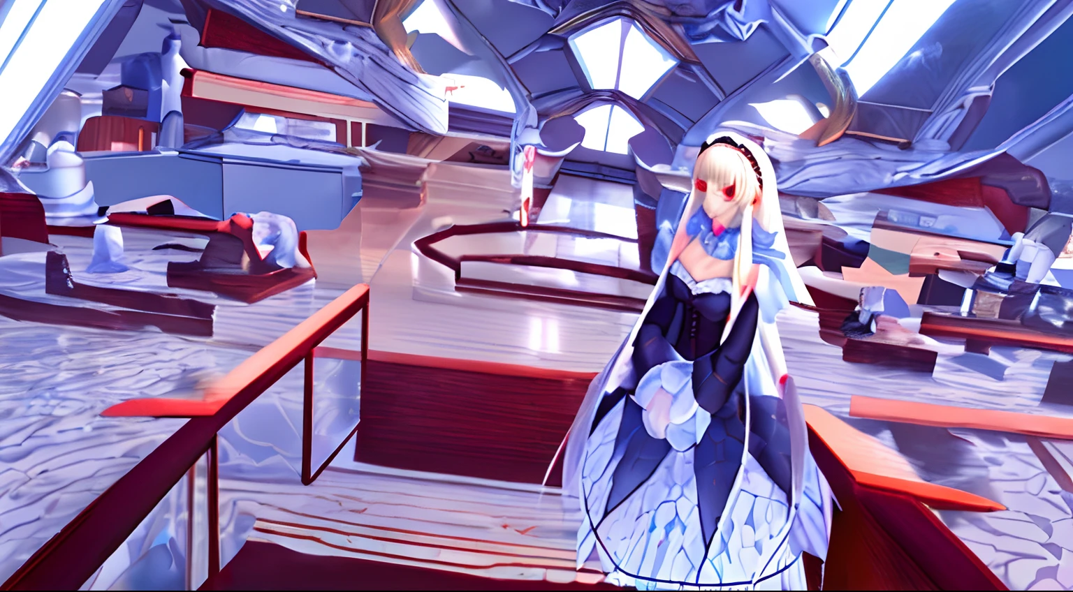 ((Best quality)), ((Masterpiece)), ((Ultra-detailed)), (illustration), (Detailed light), (An extremely delicate and beautiful), Dramatic perspective,A charming young girl,Long white hair,Red pupils,a blue dress,Half chest exposed,Long sleeves,white stockings,lolitahairband
