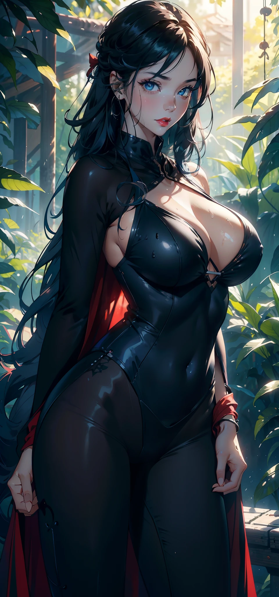 1female，35yo，熟妇，Slim，Tall，gigantic cleavage breasts，Big breasts Thin waist，slenderlegs，Pornographic exposure， 独奏，（Background with：ln the forest，the rainforest，in summer） She has long blue hair，standing on your feet，Sweat profusely，drenched all over the body，seen from the front， hair straight， mostly cloudy sky，（（（tmasterpiece），（Very detailed CG unity 8K wallpaper），best qualtiy，cinmatic lighting，detailed back ground，beatiful detailed eyes，Bright pupils，blue color eyes，Redlip（Very fine and beautiful），（Beautiful and detailed eye description），ultra - detailed，tmasterpiece，）），facing at camera，A high resolution，ultra - detailed），revealing breasts，Bare genitalia， Lower body elevation，Raised sexy，Camel toes，Flushed complexion，Open-mouthed，frontage，cow，（Wearing：Red cape，black colored leggings，White shirt），