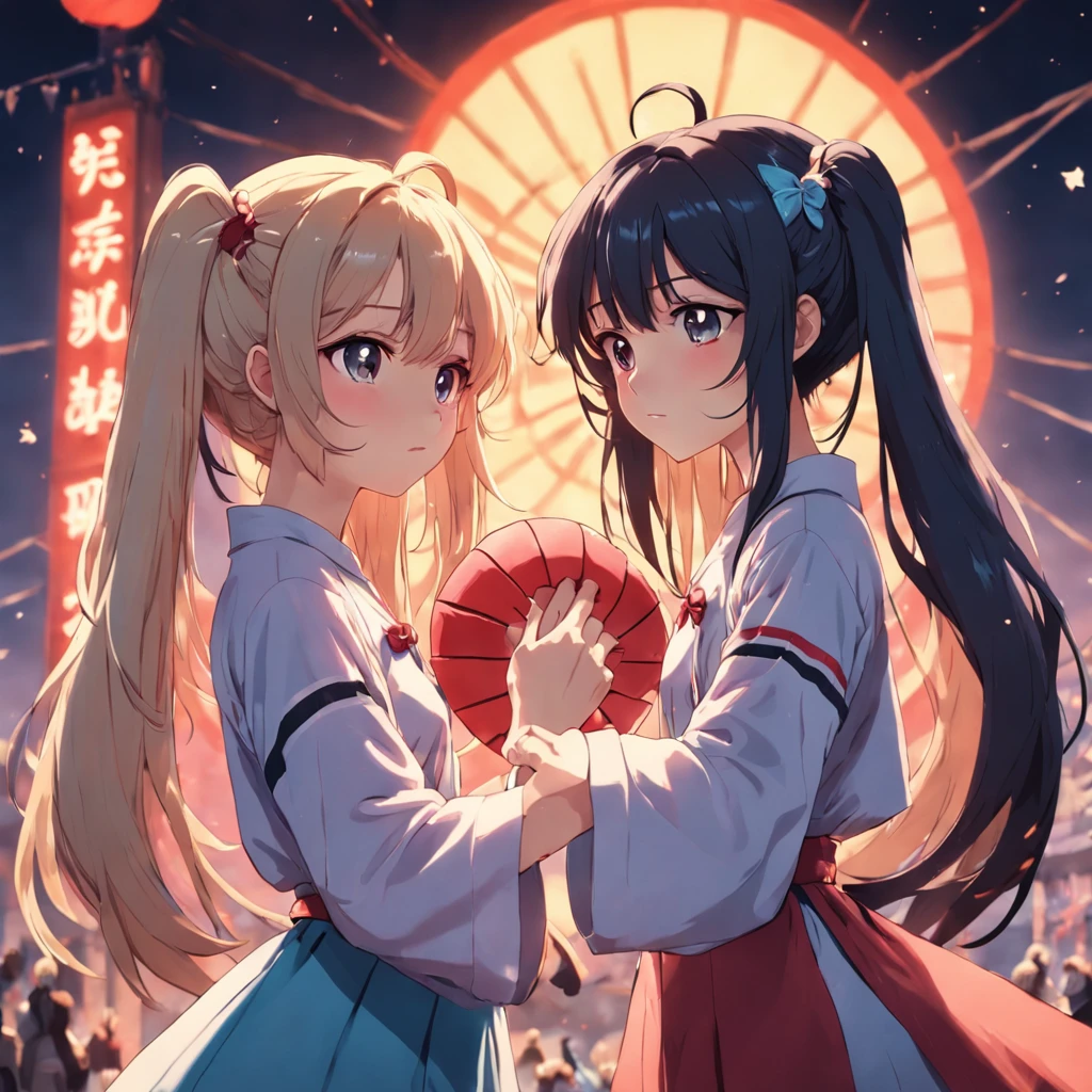 Two teenage girls,A teenage girl(Ball head:3.0)Hairstyles,Holding a fan in your hand, Waiting aside, Hold a fan in your hand, Fan slightly,Fan another girl,