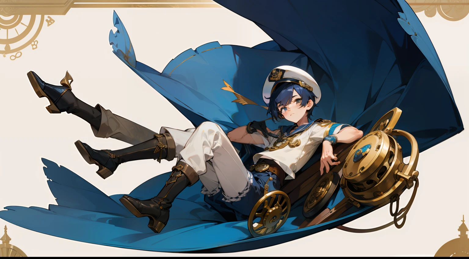 [ character design ], male character, character adoptable, full body character design, interesting character design, very stylized character design, full body adoptable, full character design, high quality character design, detailed character design, stylized character design, detailed full body concept, character design art, great character design, concept art, character sheet, navy theme, shota, male, boy, sailor, water, maritime, cute style, ocean theme, dark blue, glowing eyes, highly detailed outfit, shorts, badges, military cape, sailor hat, antique, mechanic, effeminate, lace, ruffles, detailed boots, garter belts, short boy, anime boy, cute boy, people table，character sheets, The same person）frontage，Lateral face, lovely boy, simple backgound, perfect face, detailed eyes, clear face, many accessories, gold motifs, white motifs, diver, underwater, captain, elegant, flowing accessories, chunky shoes, wedge shoes, steampunk accessories, cute boy, mechanical, splash art, steampunk, brass accessories