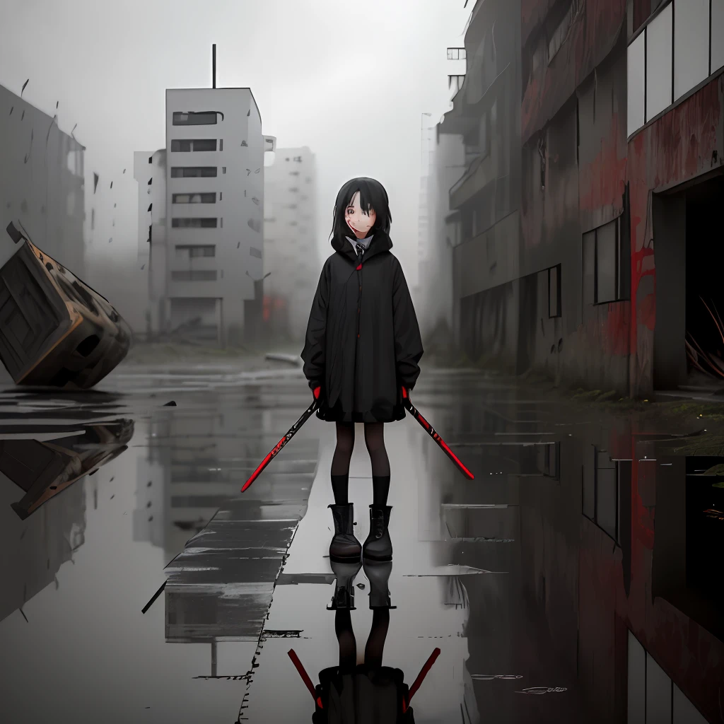 废墟，Dilapidated building，wreckage，A girl dressed in black，Gray and dark style，Sideways Look，Rainy sky，Step on a puddle，cabelos preto e longos，red pupils，Holding a dark red scythe