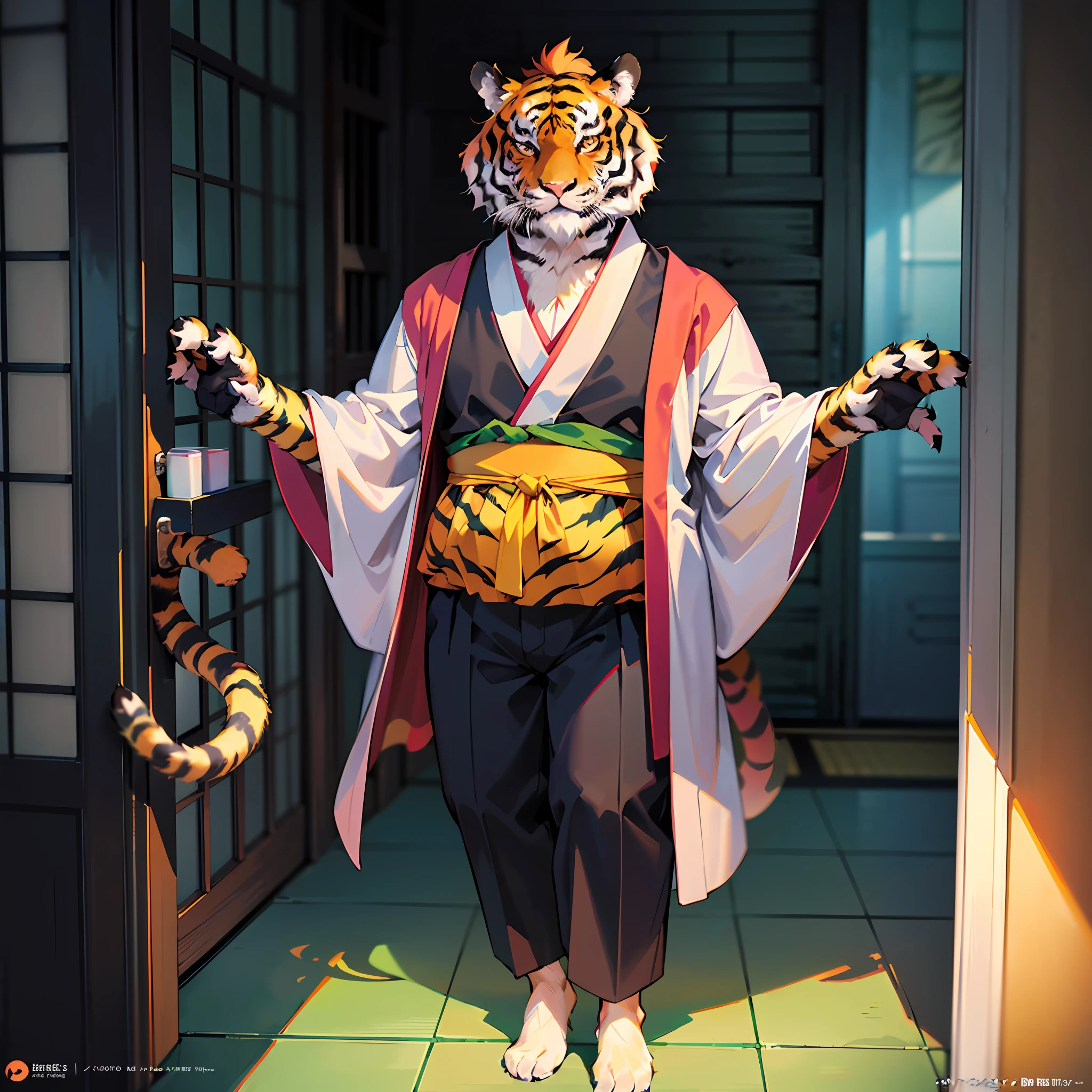 Anime characters of tigers in kimono standing in the doorway, Anime male, tigre, demon slayer rui fanart, Cute anime tiger, Beautiful anime tiger, Kawasi, Anime visuals of cute tigers, style of anime4 K, ember, trending on artstation pixiv, Realistic anime tiger, ((wearing aristocrat robe)), official fanart,Fat,fat guy