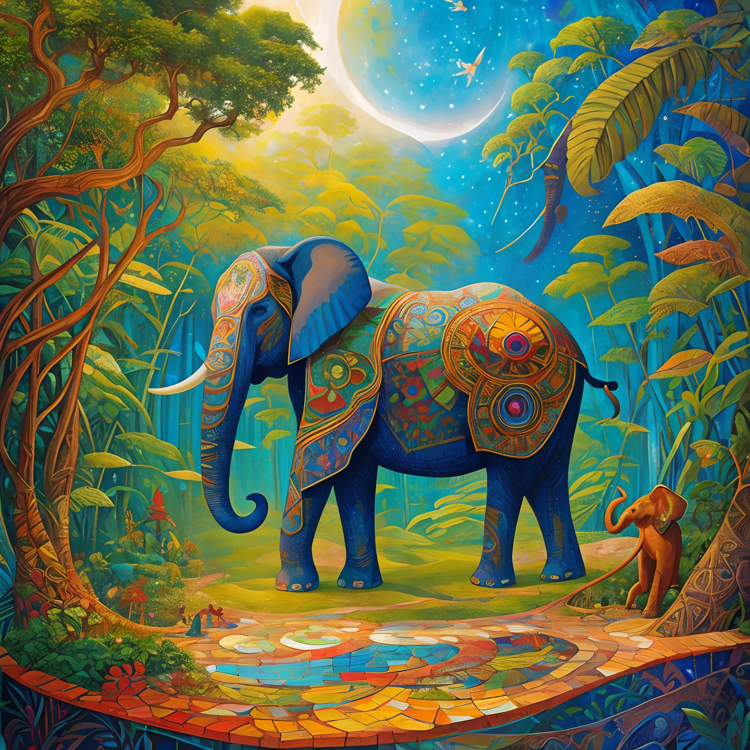 Up art encaustic mosaic jungle with an amazing beautiful elephant symmetrically in the center, old mosaic, dark light, bright light focused on the center, geometric art, Andy Kehoe, Barclay Shaw, Winsor McCay, Escher, sublime art, precisionism art, Boris Vallejo, dripping paint, oil splash, thick strokes --auto