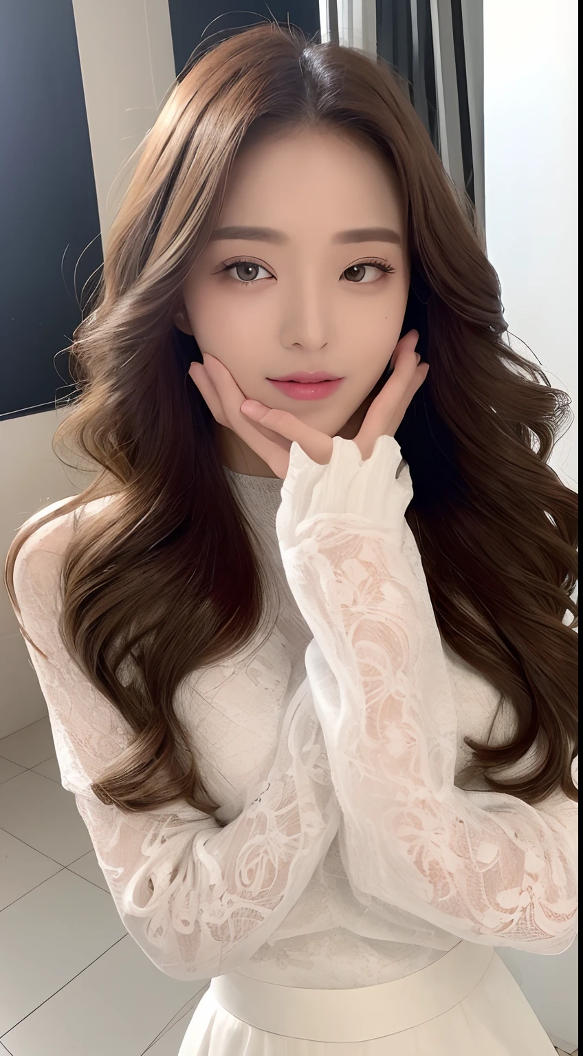 ((top-quality、8K、masterpiece:1.3))、realskin、Marble background、FULL BODYSHOT、1人、Beautiful woman with slender abs:1.3、(long curly hair、爆乳:1.2)、sexy facial expression、big eye、Long Sleeve White Lace High Neck Shirt:1.1、hyperdetailed face、A detailed eye、Double eyelid hands on face、Korean Beauties、White lace skirt、piercings、beautiful and long legs、high-heels、Walking