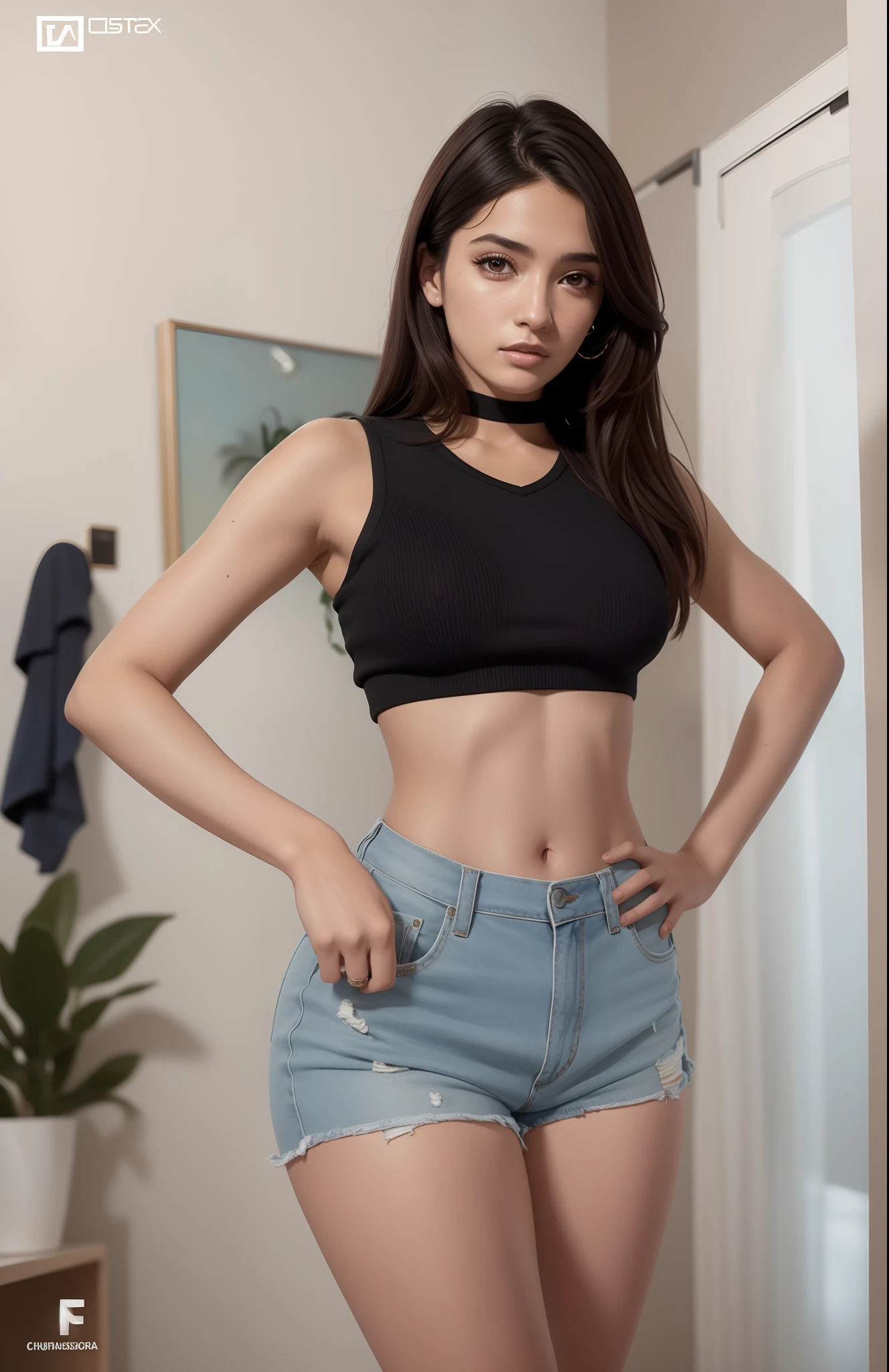 Mulher linda, Supermodelo brasileira, brasileiro, na copa do mundo, fernanda suarez, Caroline Gariba, Ana de Armas, colombiano, Malika Favre, linda senhora, julia sarda, 🇺🇦, Parece Fabiula Nascimento, Dua Lipa, Mulher mexicana bonita de top preto e bermuda azul posando em frente a um espelho, usando um top cropped sexy, cintura magra e quadris grossos, Isabela Moner, com abdominais, croptop e shorts, de bermuda, Bonito midriff, corpo sensual com barriga sexy, bra and shorts streetwear, tinyest midriff ever, cintura fina, fotografia realista, fotografia, obra-prima, realista, Realismo, renderizado, Alto contraste, Arte Digital, Realistic photo, trend in Artstation 8k HD, high definiton, circunstanciado, Realistic, detalhada, textura da pele, hiperdetalhada, Textura realista da pele, melhor qualidade, ultra high-resolution, (fotografia realista: 1.4), alta resolução, detalhada, fotografia crua, Crisp resolution, Nikon d850 filme, fotografia de stock 4, Kodak Portra 400 Camera F1 Lens.6, textura hiper realista, lighting dramatic, Unrealistic trend in Artstation Cinestill 800, RAW. Directed by: Lee Jeffries.