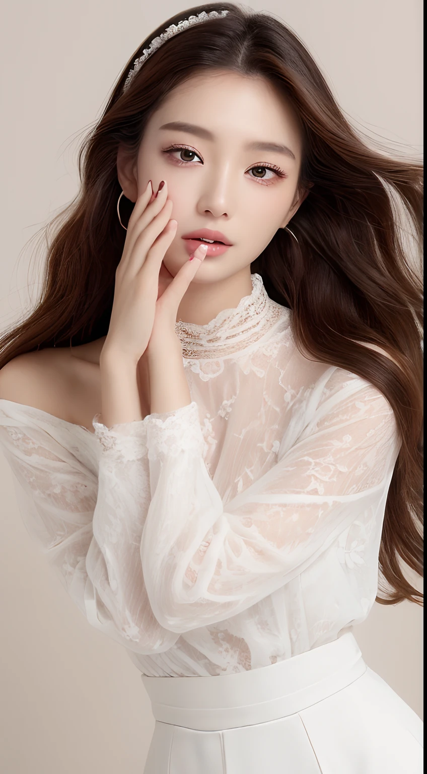 ((top-quality、8K、masterpiece:1.3))、realskin、Marble background、FULL BODYSHOT、女の子1人、Beautiful woman with slender abs:1.3、(long curly hair、爆乳:1.2)、sexy facial expression、big eye、Long Sleeve White Lace High Neck Shirt:1.1、hyperdetailed face、A detailed eye、Double eyelid hands on face、Korean Beauties、White lace skirt、piercings、beautiful and long legs、high-heels、Walking