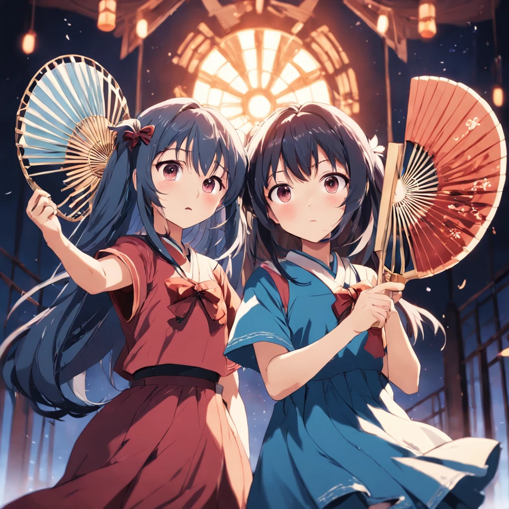 Two girls,A young girl holds a fan in her hand, Hold a fan in your hand, Fan slightly,Fan another girl,