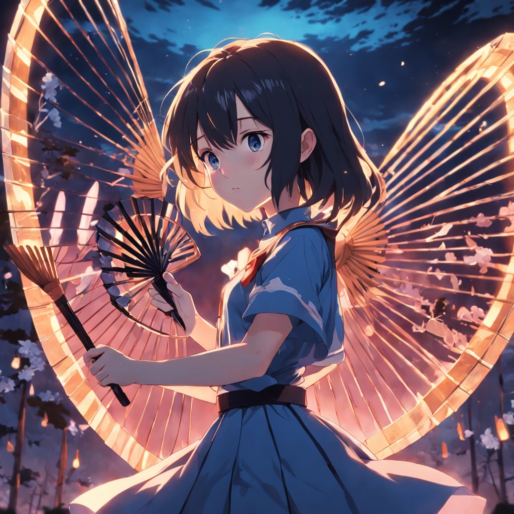 Two girls,A young girl holds a fan in her hand, Hold a fan in your hand, Fan slightly,Fan another girl,