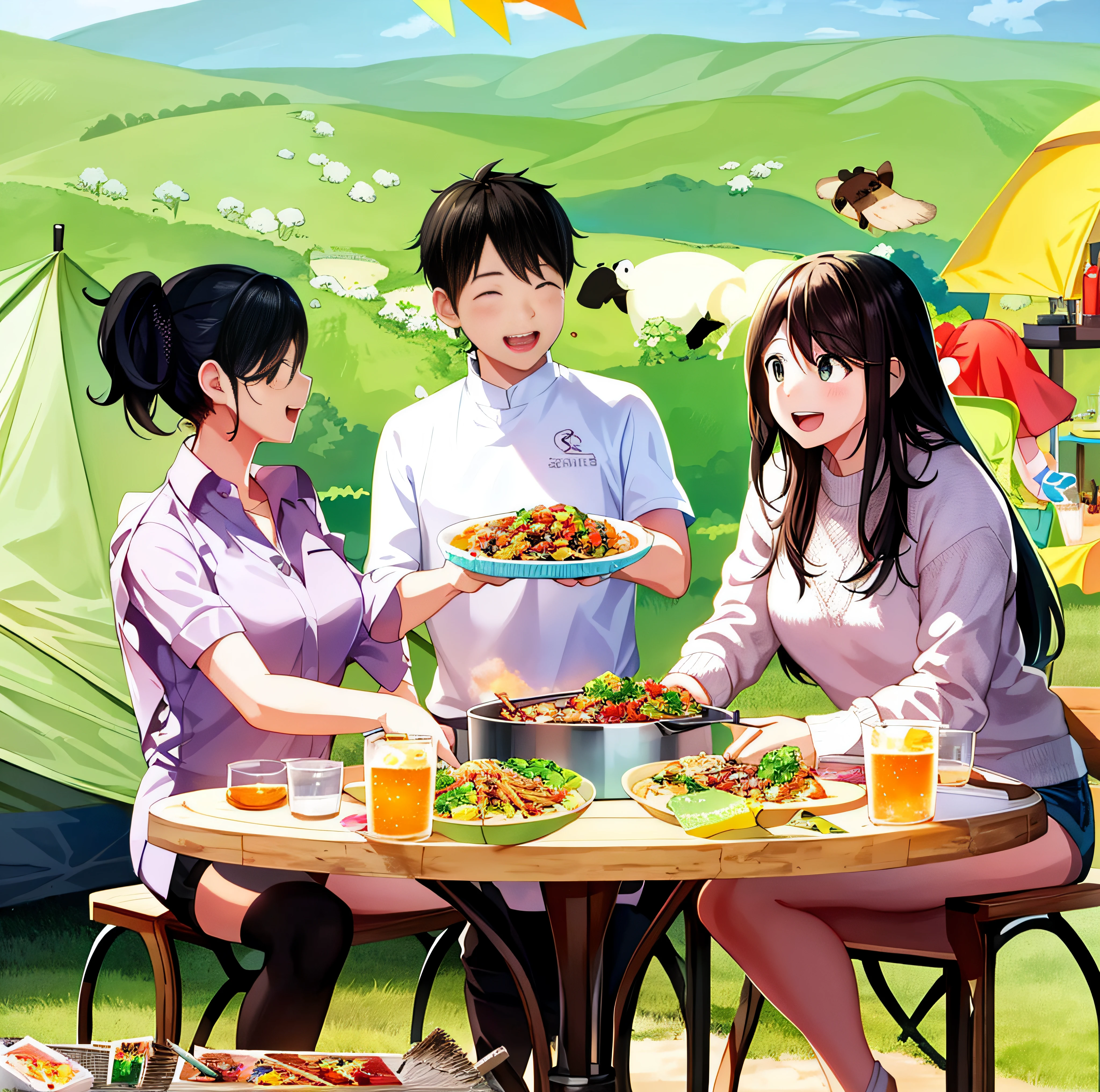 There were three people sitting at a table,There was food and drinks, food advertisement, Family Banquet, Outdoor camping, Happy and happy, illustration, trending on cgstation, 2 d cg, digital cartoon painting art, Amazing food illustration, Guviz-style artwork, Commercial illustration, offcial art, realistic scene, yuru camp, anime yuru camp, summer setting