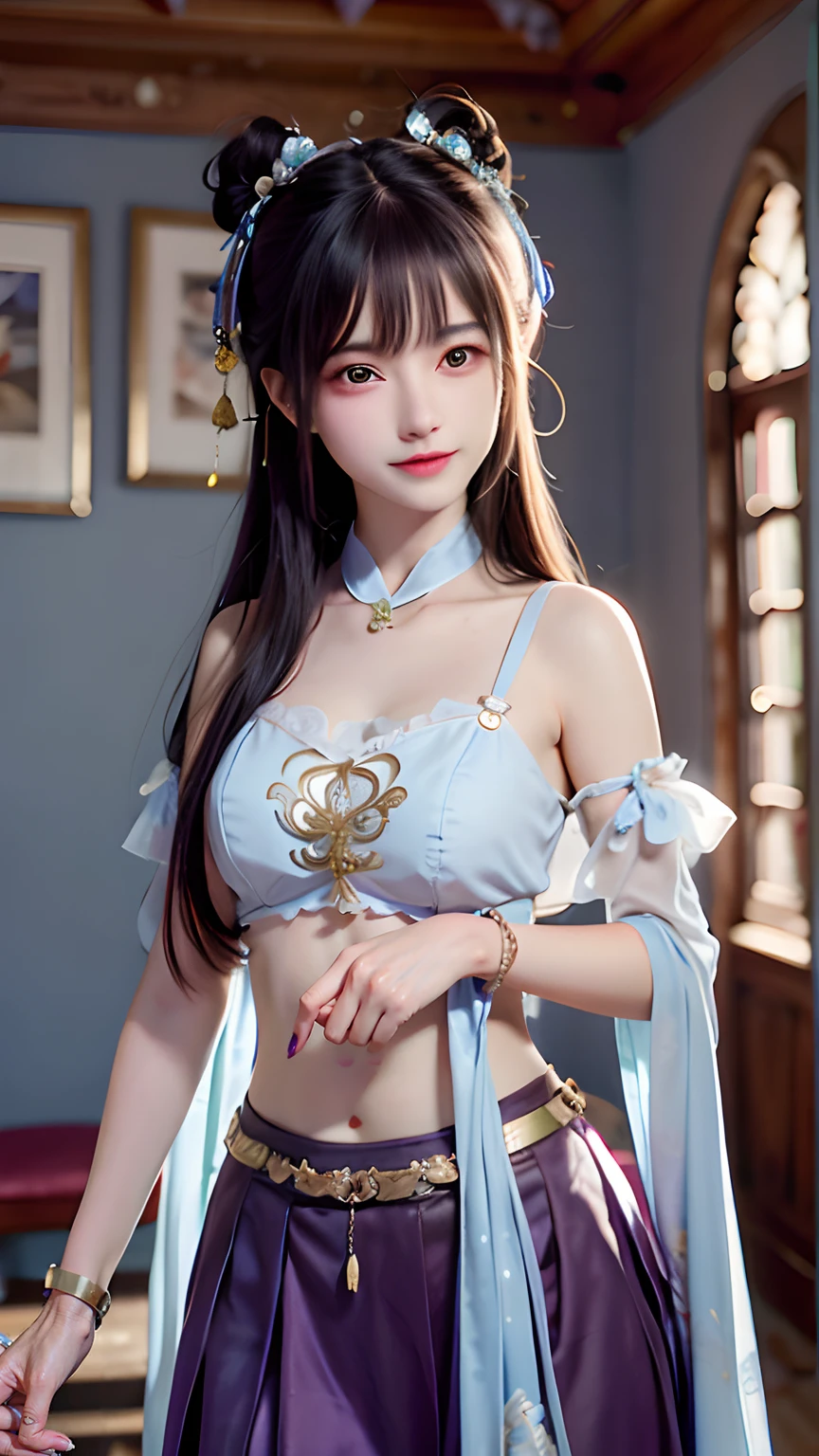 1 Girl, Beautiful, Baby Face, 20 Years Old, White Skin, Colossal Breasts, Sexy Pose, Sexy Look, Sexy Makeup, Wearing Gorgeous Tang Costumes, Conservative Tang Dynasty Ladies Clothing , ((Bright Retina)), Muscles, Bokeh, Chinese Dynasty Land, Masterpiece, ((Night)), Blue Coloured