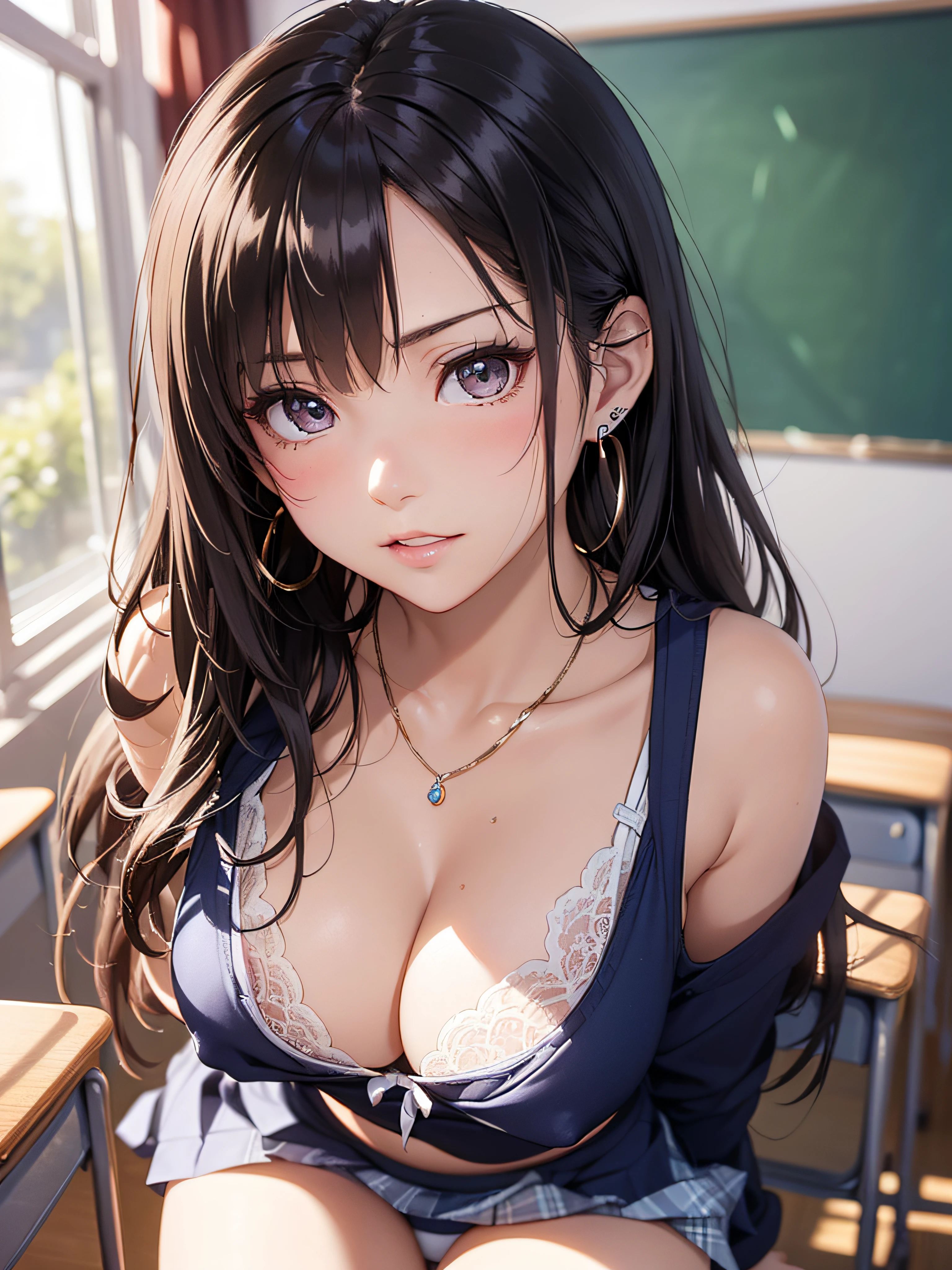 (masutepiece: 1.3), (max resolution: 1.2), (Ultra HDTV: 1.2), cinematric light, 8K resolution, Detailed eyes and skin, detailed facial features, , (Sharp Focus: 1.2), (Focus on Face:1.2),Perfect Style, Beautiful face, acurate, Anatomically correct, Highly detailed face and skin texture, Detailed eyes, Double eyelids, Thin eyebrows, Glitter Eyeliner: 1 Natural cheeks, Glossy skin, Fair skin: 1.2, (Glossy lips: 1.4),、 (Shy look: 1.2),Highly detailed facial and skin texture, Detailed eyes, Double eyelids, Natural cheeks, , shiny lips: 1.4,Exposed cleavage、(A large amount of sperm in the chest:1.4)(Large amount of sperm in the thighs:1.2)、 red blush、humiliated、impatience、dismay、Frightened、glares、Sexually arousal、embarrassed from、Open knees、open one's legs、rub one's breasts、(Masturbation behavior:1.6)、touches crotch、White underwear、White bra、Shiny little earrings and necklaces、Disheveled clothes、Dressing、Exposed panties、Wearing sweat、Sheer underwear、Full body like、 18year old, Neat and clean woman , upturned breasts,Sitting on a desk,After-school classroom、Blue-gray eyes,(hi-school girl:1.6)、