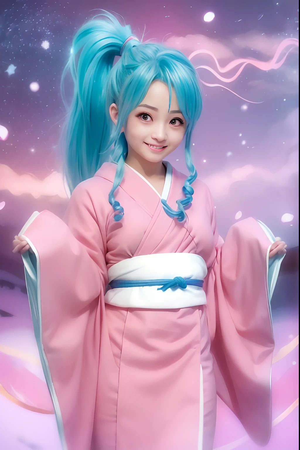 Woman with light blue hair ponytail wearing peach-colored Japanese clothes, Yu Yu Hakusho, Botan, A little round face, Carefree smile, gently round eyes, Laughing with open mouth, sideburns are long, Eyeballs are red, White obi jime, Red obiage, Hiding hands with sleeves