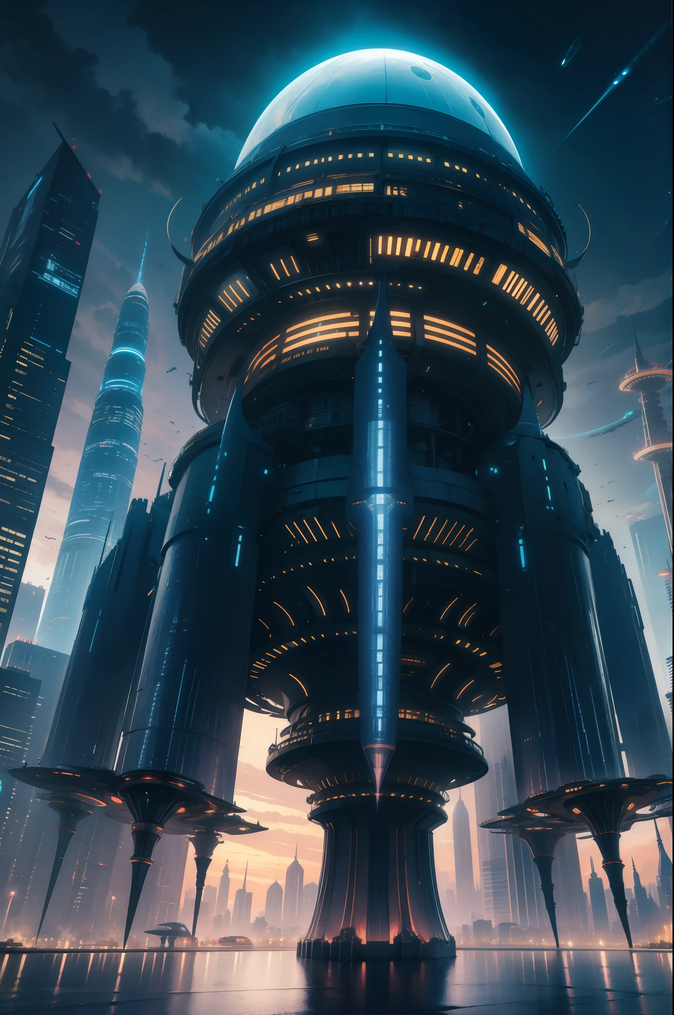 futuristic alien space ships, octans, stars, full moon, night sky, city skyline silouhette