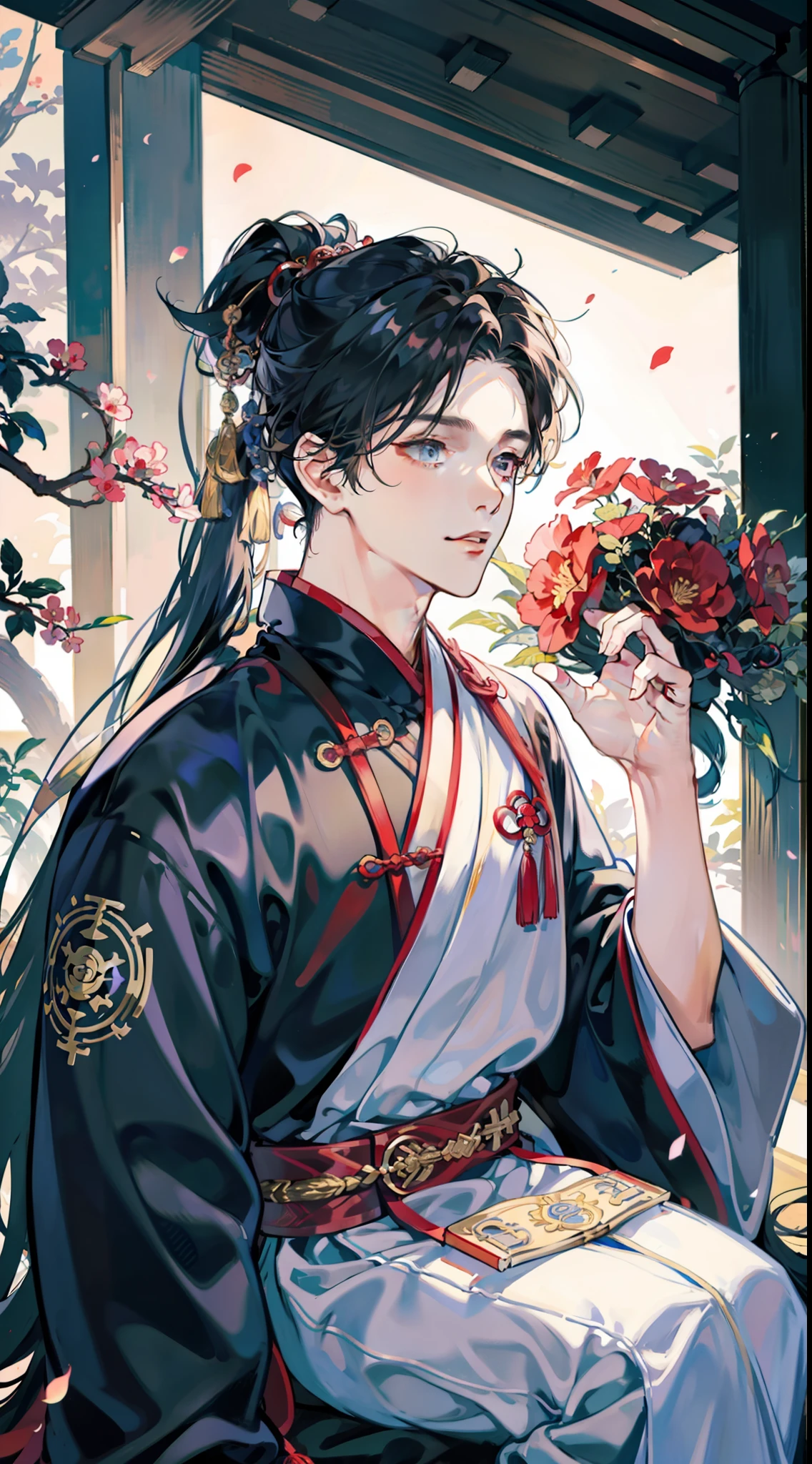 quaint,Ancient China,Shogun,Ancient young master,Hanfu,Ancient clothes,Official robes,Ancient flying fish suit,Wide coat, large sleeves,Ancient brocade guard,male people,Bunched hair,High ponytail,Masculine and handsome,perfectly proportions,the detail,high qulity,Handsome man,Handsome,Perfect male,Exocet suit,Hanfu robe,clever,Cold,high and cold,Black belly,The organ is exhausted