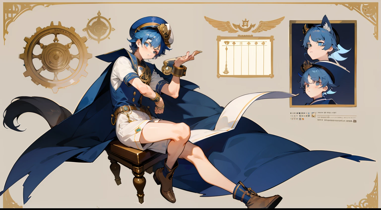 [ character design ], male character, character adoptable, full body character design, interesting character design, very stylized character design, full body adoptable, full character design, high quality character design, detailed character design, stylized character design, detailed full body concept, character design art, great character design, concept art, character sheet, navy theme, shota, male, boy, sailor, water, maritime, cute style, ocean theme, dark blue, glowing eyes, highly detailed outfit, shorts, badges, military cape, sailor hat, antique, mechanic, effeminate, lace, ruffles, detailed boots, garter belts, short boy, anime boy, cute boy, people table，character sheets, The same person）frontage，Lateral face, lovely boy, simple backgound, perfect face, detailed eyes, clear face, many accessories, gold motifs, white motifs, diver, captain, elegant, flowing accessories, chunky shoes, wedge shoes, steampunk accessories, cute boy, mechanical, splash art, steampunk, brass accessories, machinery, complex, detailed, clear face, perfect face, detailed eyes, navy, kemonomimi, animal ears, animal tail, wrist cuffs, large accessories