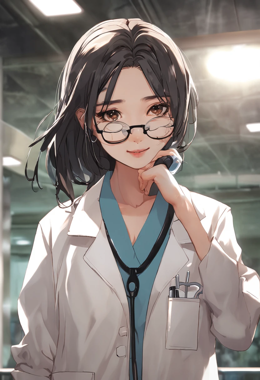asian girls with black glasses in a lab coat, hair is framed lightly around face, looks thai with lighter skin, stethoscope around neck, with an eyesmile and dimple on one side, medium sized nose, mole under left eye, medium boobs, plump lips, close up