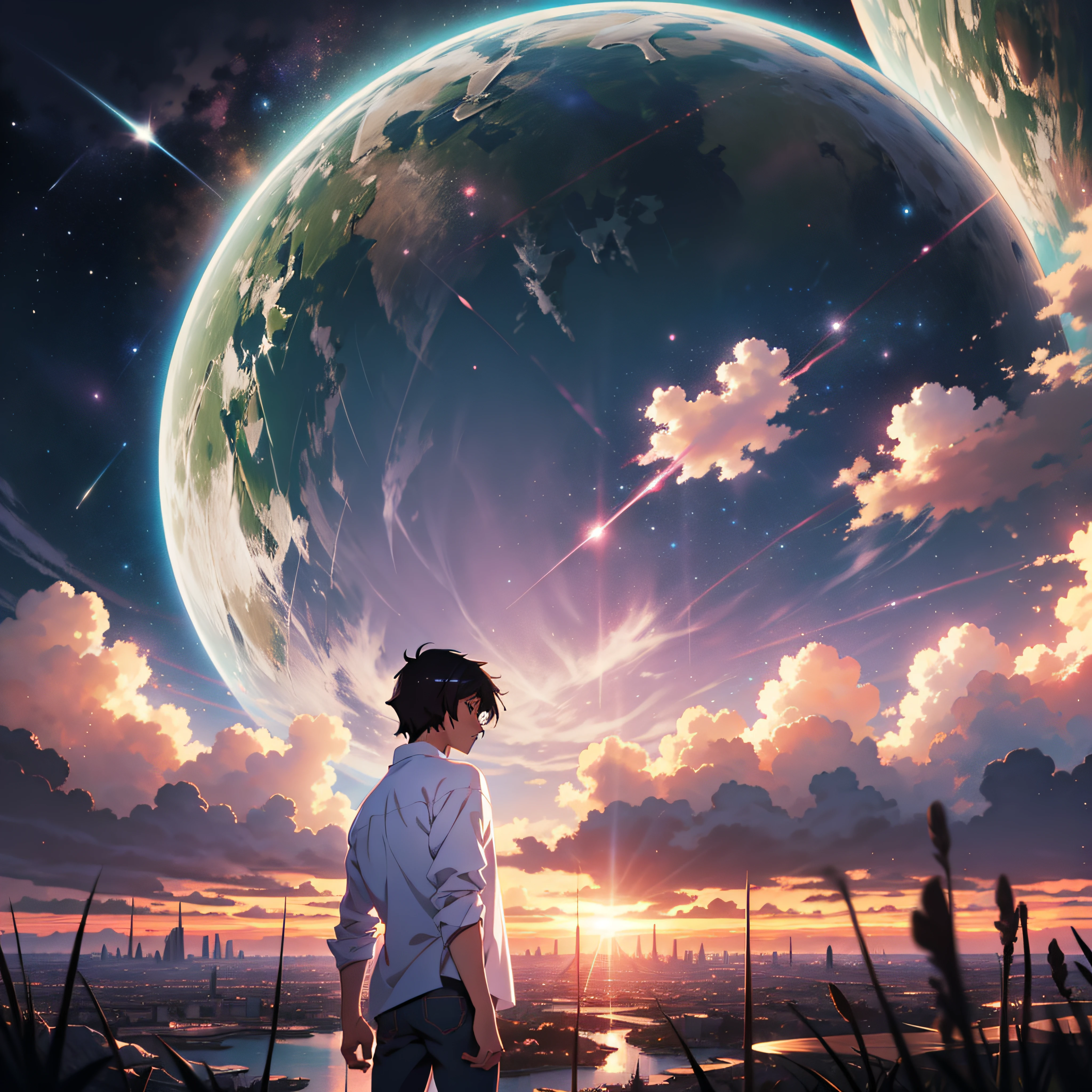 anime - style scene of a beautiful sky with a star, by makoto shinkai, anime art wallpaper 4k, anime art wallpaper 4 k, anime art wallpaper 8 k, anime wallpaper 4k, anime wallpaper 4 k, 4k anime wallpaper, anime sky, amazing wallpaper, anime background, heaven planet in background, anime background art, standing young man, black hair, white shirt, black jeans, hundreds of stars forming a circle.
