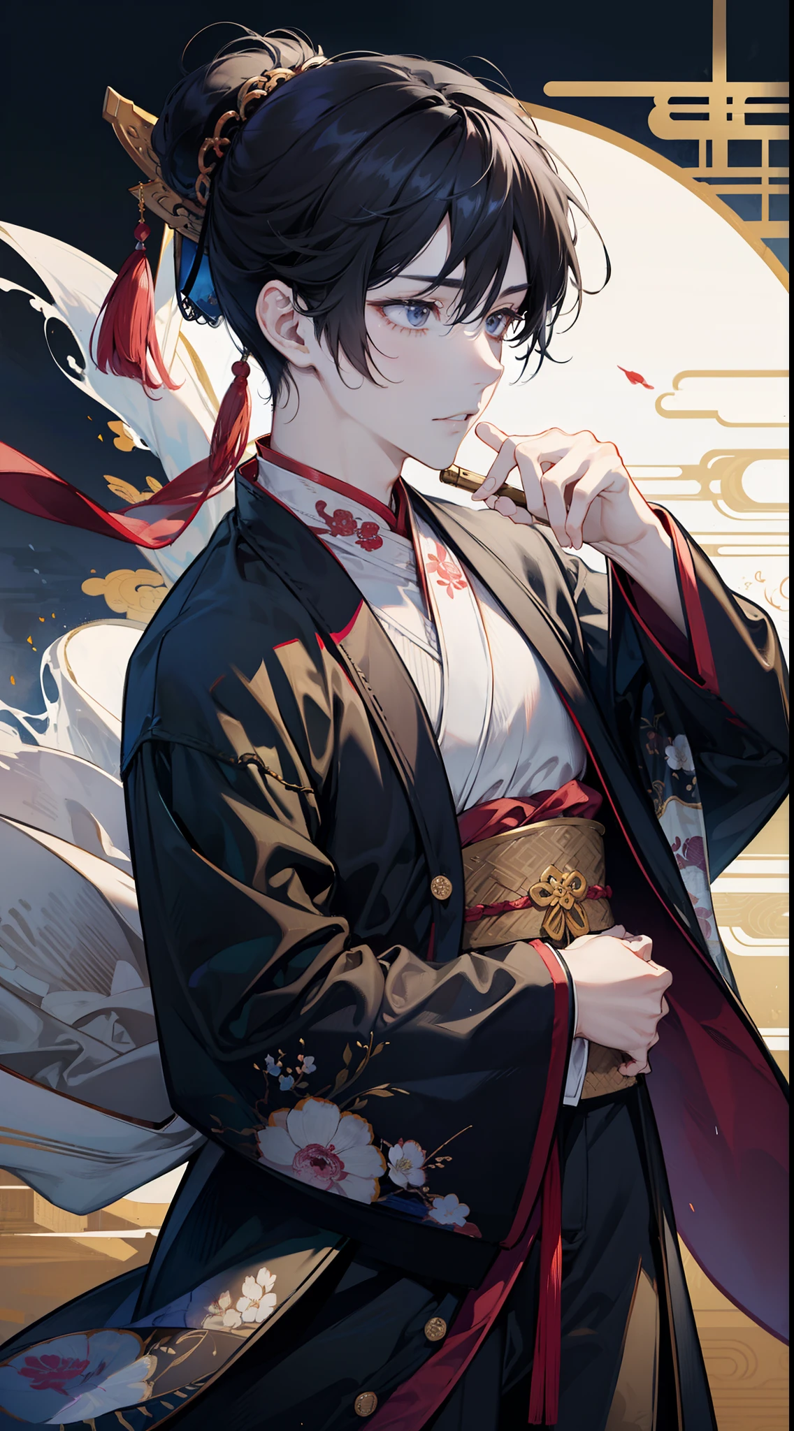 quaint,Ancient China,Shogun,Ancient young master,Hanfu,Ancient clothes,Official robes,Ancient flying fish suit,Wide coat, large sleeves,Ancient brocade guard,male people,Bunched hair,High ponytail,Masculine and handsome,perfectly proportions,the detail,high qulity,Handsome man,Handsome,Perfect male,Exocet suit,Hanfu robe,clever,Cold,high and cold,Black belly,The organ is exhausted