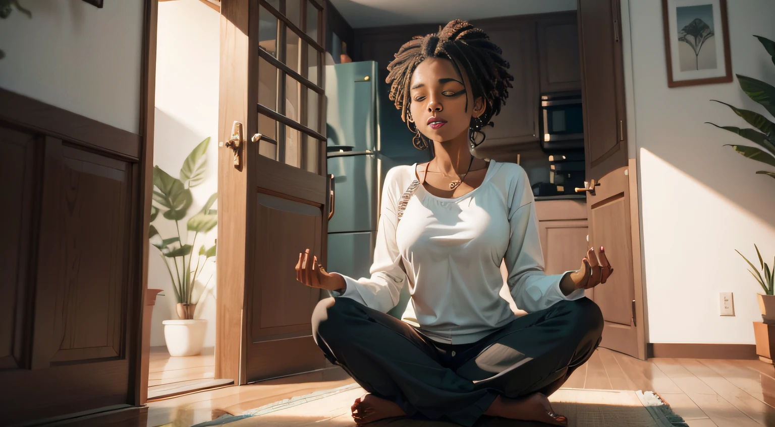 black woman meditating, seek, inside home