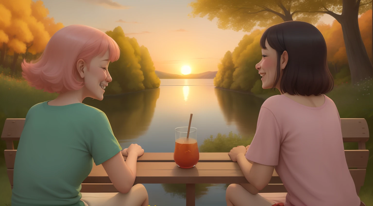 On the horizon, the setting sun paints the sky with shades of orange and pink, reflecting its gentle colors in the calm waters of a serene lake. A verdant hill stretches down to the lake's edge, dotted with tall trees swaying gently in the breeze. People of different ages and ethnicities gather in this idyllic spot: children run about gleefully, laughing as they chase butterflies; an elderly couple sits on a bench, gazing at the scene with tender smiles; young individuals practice yoga in a peaceful corner, connecting with nature. The air is scented with the fragrance of wildflowers, and the soft sound of birds fills the air. It's a moment of shared tranquility amidst the natural beauty. very good imagenegative_v1.3, ng_deep positive_v1_75t, (beautifull face:0.8),cross-eyed,sketches, (best quality:2), (high quality:2), (best quality:2), good quality, ((monochrome)), skin spots, acnes, skin blemishes, good anatomy, Deep Positive, facing away, good anatomy, good hands, fewer digits, cropped, best quality, high quality, good quality, jpeg artifacts, good feet, cropped, best quality, hugh quality, best quality, jpeg artifacts, fewer digits, cross-eyed, good body, good proportions, gross proportions, ((repeating hair)).