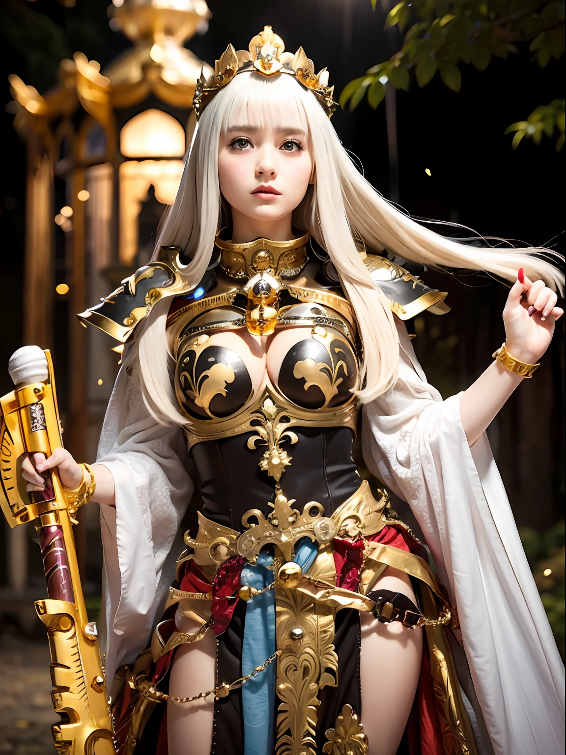 (masutepiece), Professional , masterpiece、top-quality、photos realistic , depth of fields (Gemstone White Metal Body:1.9),(Matte White、Jewel Gold Weapon(Jewel Metal Body:1.4),Gorgeous metal weapons ,(( Detailed and gorgeous sword of the brave)) , Beautiful knife ,warhammer 40k , adepta sororitas,Detail and ornate jewel crown、((Golden hair))、((Gangle's forest background))、Beautiful Caucasian beauty、1a person、dynamic ungle,(((Detailed and ornate diamond crown)))、Smaller head、A smile、Background inside the castle、Thin and beautiful female hands、cleavage of the breast、Soldier in iron armor on background、Mystical expression、Light Effects、intense fighting、Wind-effect、magic circles、With the legendary magic wand、