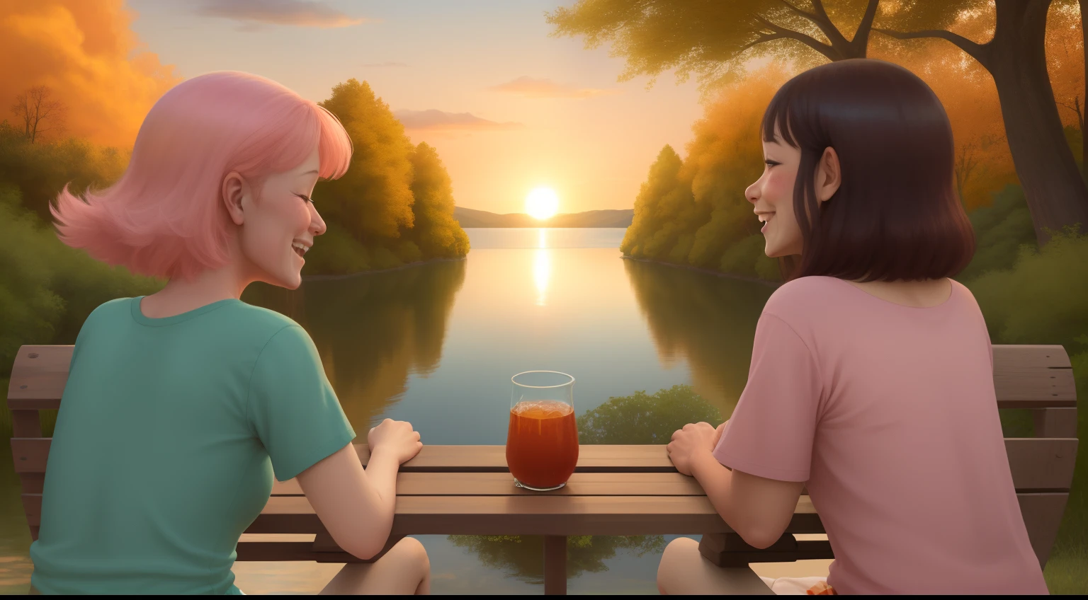 On the horizon, the setting sun paints the sky with shades of orange and pink, reflecting its gentle colors in the calm waters of a serene lake. A verdant hill stretches down to the lake's edge, dotted with tall trees swaying gently in the breeze. People of different ages and ethnicities gather in this idyllic spot: children run about gleefully, laughing as they chase butterflies; an elderly couple sits on a bench, gazing at the scene with tender smiles; young individuals practice yoga in a peaceful corner, connecting with nature. The air is scented with the fragrance of wildflowers, and the soft sound of birds fills the air. It's a moment of shared tranquility amidst the natural beauty. very good imagenegative_v1.3, ng_deep positive_v1_75t, (beautifull face:0.8),cross-eyed,sketches, (best quality:2), (high quality:2), (best quality:2), good quality, ((monochrome)), skin spots, acnes, skin blemishes, good anatomy, Deep Positive, facing away, good anatomy, good hands, fewer digits, cropped, best quality, high quality, good quality, jpeg artifacts, good feet, cropped, best quality, hugh quality, best quality, jpeg artifacts, fewer digits, cross-eyed, good body, good proportions, gross proportions, ((repeating hair)).