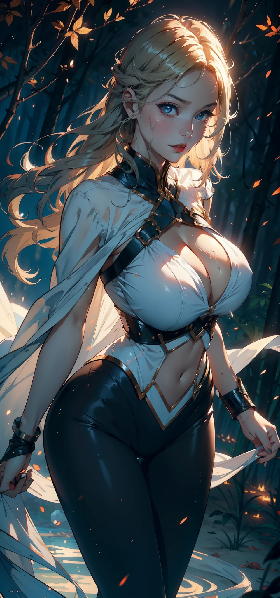 1female，35yo，熟妇，gigantic cleavage breasts，Big breasts Thin waist，slenderlegs，Pornographic exposure， 独奏，（Background with：ln the forest，the rainforest，in summer） She has long blonde hair，standing on your feet，Sweat profusely，drenched all over the body，seen from the front， hair straight， mostly cloudy sky，（（（tmasterpiece），（Very detailed CG unity 8K wallpaper），best qualtiy，cinmatic lighting，detailed back ground，Sparks surround，Force burst，beatiful detailed eyes，Bright pupils，blue color eyes，Redlip（Very fine and beautiful），（Beautiful and detailed eye description），ultra - detailed，tmasterpiece，）），facing at camera，A high resolution，ultra - detailed），revealing breasts，Bare genitalia， Lower body elevation，Raised sexy，Camel toes，Flushed complexion，Open-mouthed，frontage，Supergirl（Wearing：White loose shirt，Black tights，revealing breasts，White cloak），