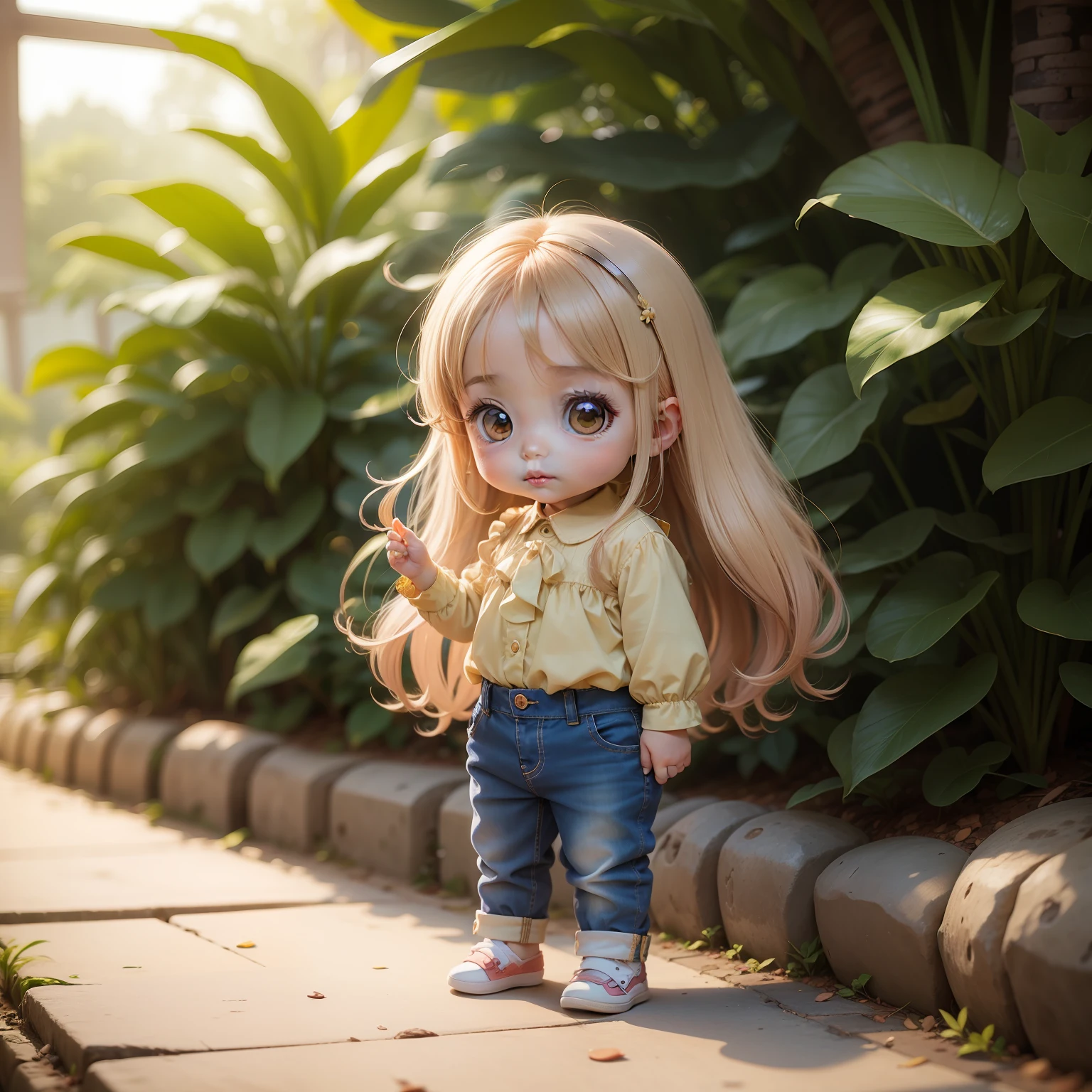 Cute Baby Chibi Anime,Blouse and denim pants,beige long hair,Joaquín Antonio Uribe Botanical Garden