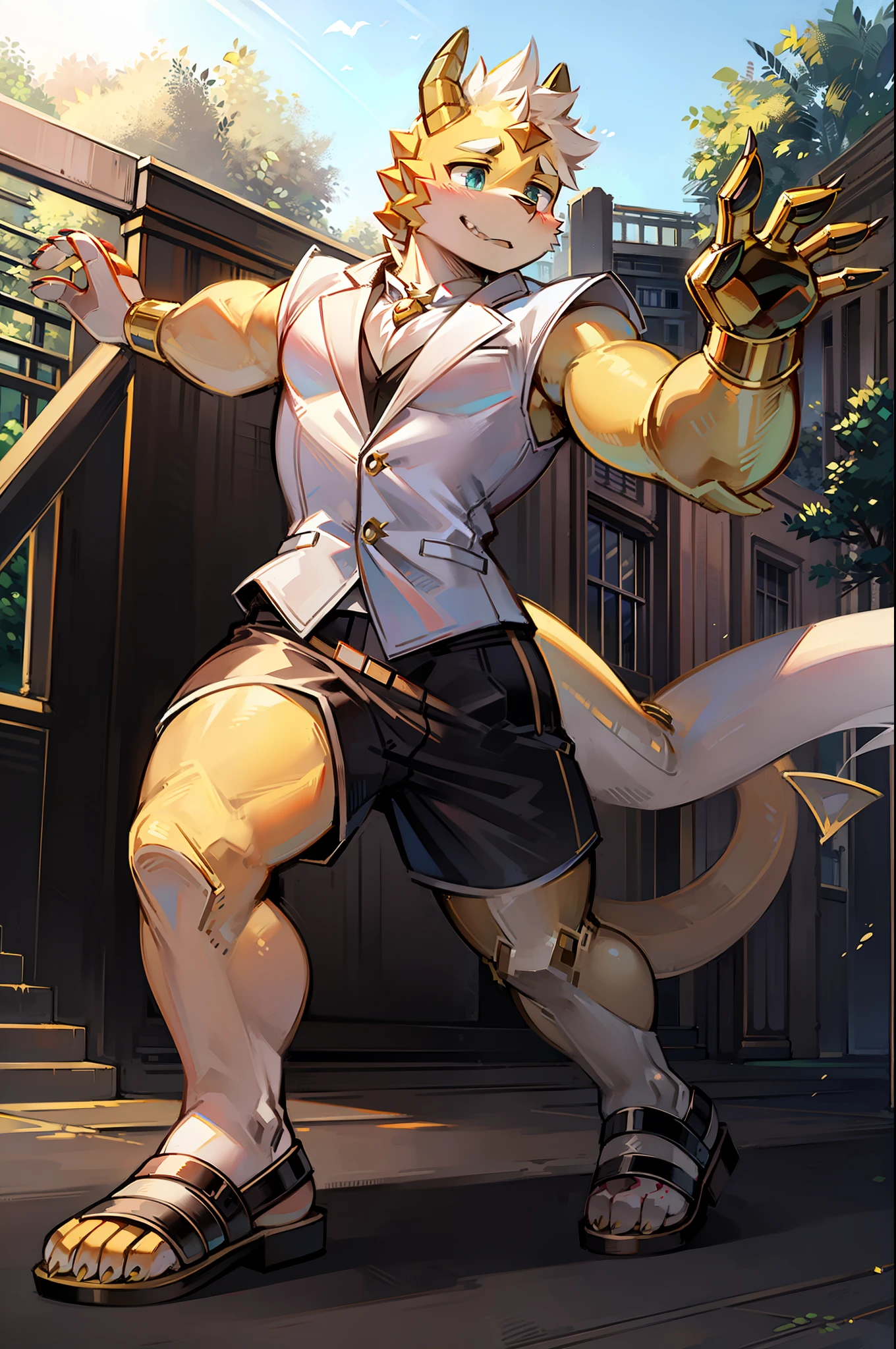 Golden robot dragon,Wear a white vest,Black shorts,sandals,Dance in the park