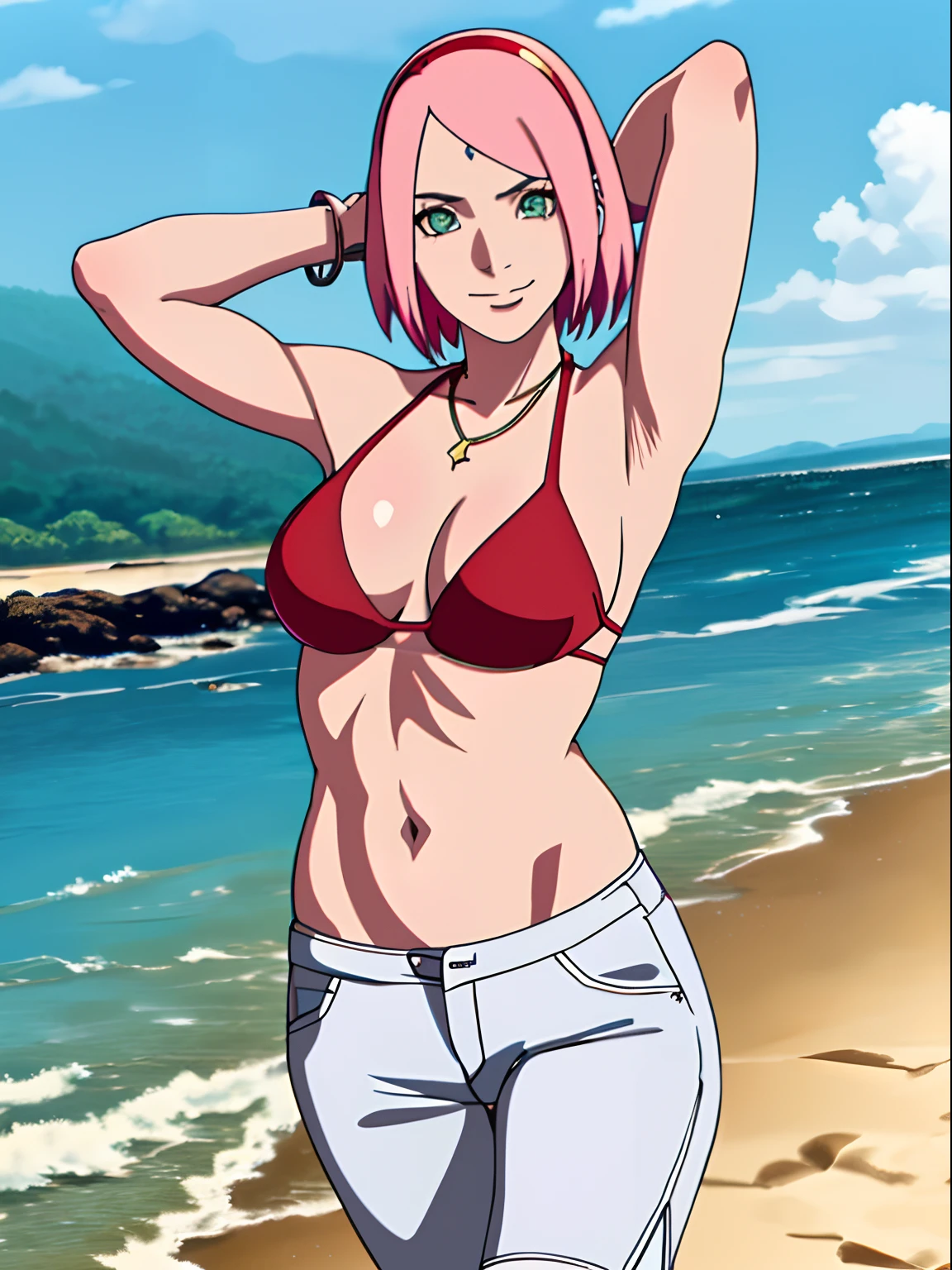 masterpiece, 4k, ultra hires, epic effects, portrait, official art, anime style, high brightness, best quality, 1girl, flexing arm muscles, haruno sakura, cowboy shot, professional artwork, detailed beach background, intricate details, colorful, digital blending, (ultra detailed body, ultra detail hair, ultra detail face), trending on pixiv,
hot smile, (forehead mark, milf, red hairband, pale skin, small breasts, short hair, ((red bikini, micro bikini top, bikini top only), (gold necklace), white pants), (flat belly, belly lines, navel, belly button, bracelet, pink hair, open eyes, big eyes), smile, beach, wind, floating hair, detailed arms, off-shoulders, closed fist, broad shoulders, slightly muscular arms, (dirty armpits, armpit pocket), standing)