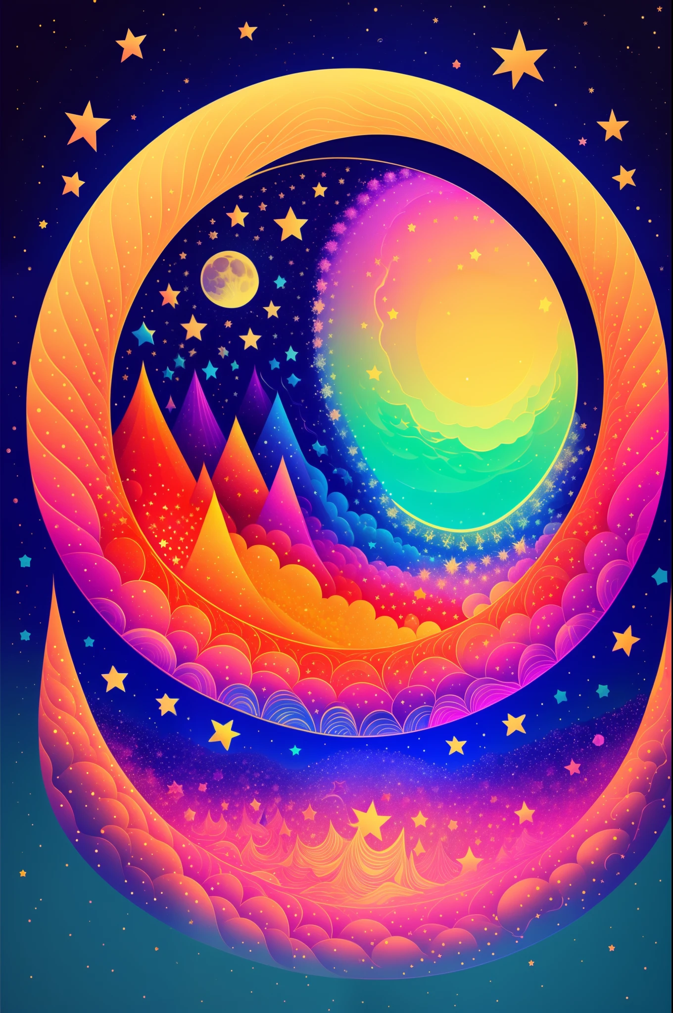 Make a psychedelic illustration of the moon and stars