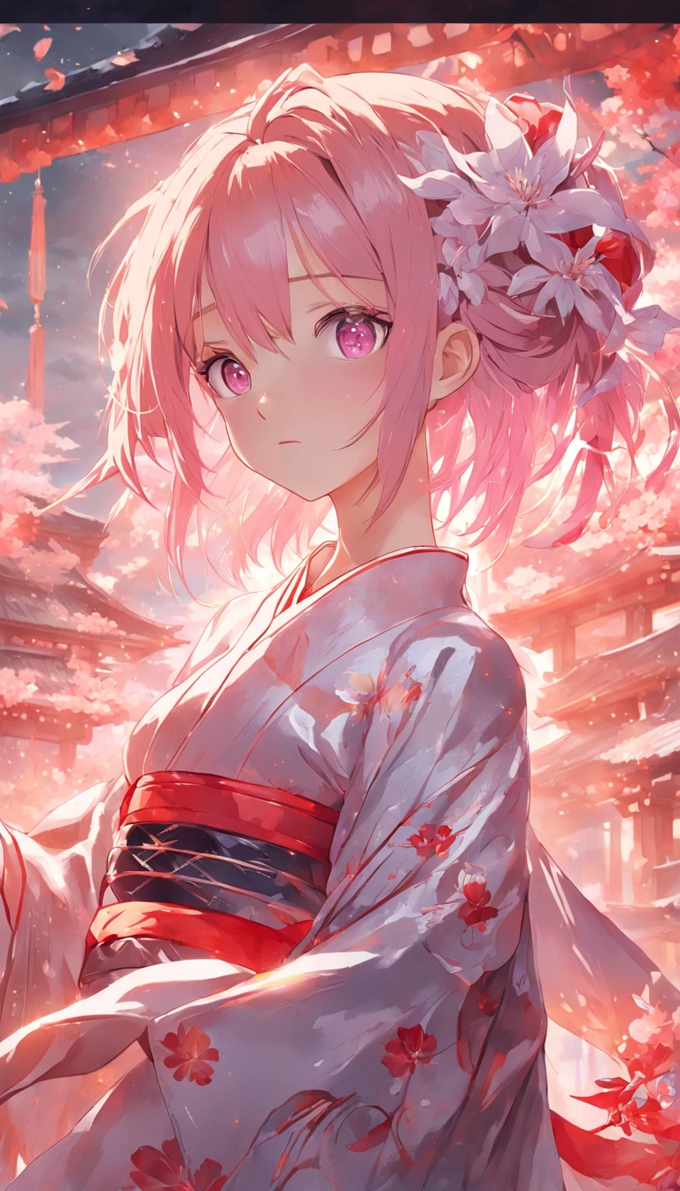 masterpiece, best quality, extremely detailed, absurdres, expressive clothes, fine fabric emphasis, ray tracing, fantasy style, 1girl , upper body , portrait , tilted head , hanfu , obi , kimono , (split-color hair:1.4) , off shoulder, pink eyes , Japanese architecture, indoor , light and shadow, crystal flower,hutao\(genshin\),