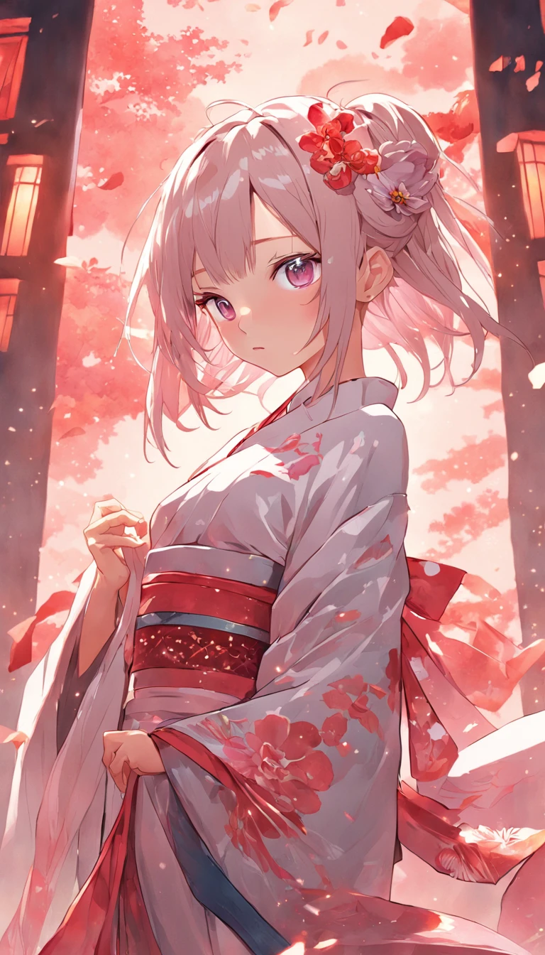 masterpiece, best quality, extremely detailed, absurdres, expressive clothes, fine fabric emphasis, ray tracing, fantasy style, 1girl , upper body , portrait , tilted head , hanfu , obi , kimono , (split-color hair:1.4) , off shoulder, pink eyes , Japanese architecture, indoor , light and shadow, crystal flower,hutao\(genshin\),