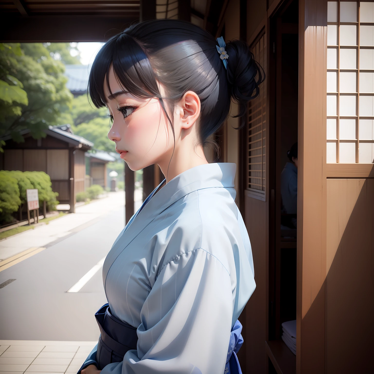 Photograph of a woman like Kana Momonogi、light blue yukata、natta、profile、A slight smil