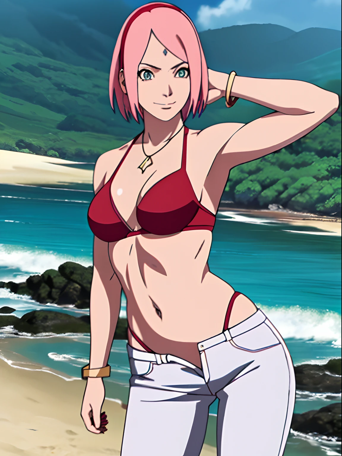 masterpiece, 4k, ultra hires, epic effects, portrait, official art, anime style, high brightness, best quality, 1girl, flexing arm muscles, haruno sakura, cowboy shot, professional artwork, detailed beach background, intricate details, colorful, digital blending, (ultra detailed body, ultra detail hair, ultra detail face), trending on pixiv,
hot smile, (forehead mark, milf, red hairband, pale skin, small breasts, short hair, ((red bikini, micro bikini top, bikini top only), (gold necklace), white pants), (flat belly, belly lines, navel, belly button, bracelet, pink hair, open eyes, big eyes), smile, beach, wind, floating hair, detailed arms, off-shoulders, closed fist, broad shoulders, slightly muscular arms, (dirty armpits, armpit pocket), standing)