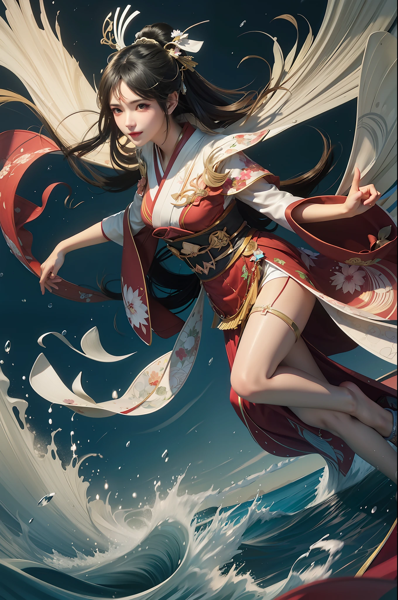 Woman in a kimono dress is surfing a wave, arte detalhada Onmyoji, Artgerm. anime illustration, Ross Tran 8 K, Artgerm extremamente detalhado, Onmyoji, WLOP | Artgerm, estilo de Artgerm, bela arte digital, estilo Artgerm, Artgerm detalhado